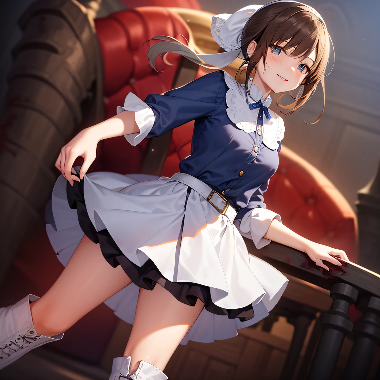 Top quality, very delicate and beautiful, girl, 11 years old, (dark brown hair), blue clothes with vertical buttons, belt at the waist, white skirt, (ponytail)), (white hair band), (brown boots), blue eyes, standing, smile, a large amount of blood in clothes, (bloody), darkness falling, (clothes bloody)