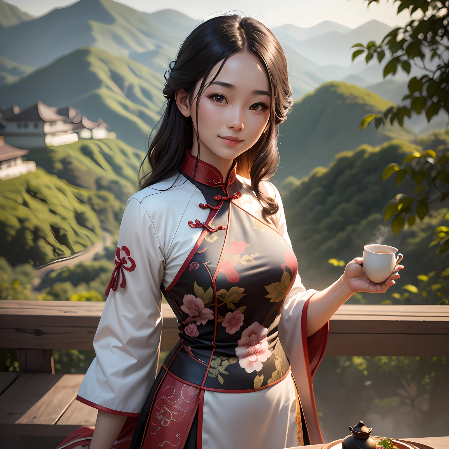 Young female tea artist, wearing cheongsam with tea mountain terraces in background, exhibition details, global illumination, shadows, octane rendering, 8k, warm colors, highly complex details, realistic light, CGsociety trends, glowing eyes, facing camera, smiling, standing --auto --s2