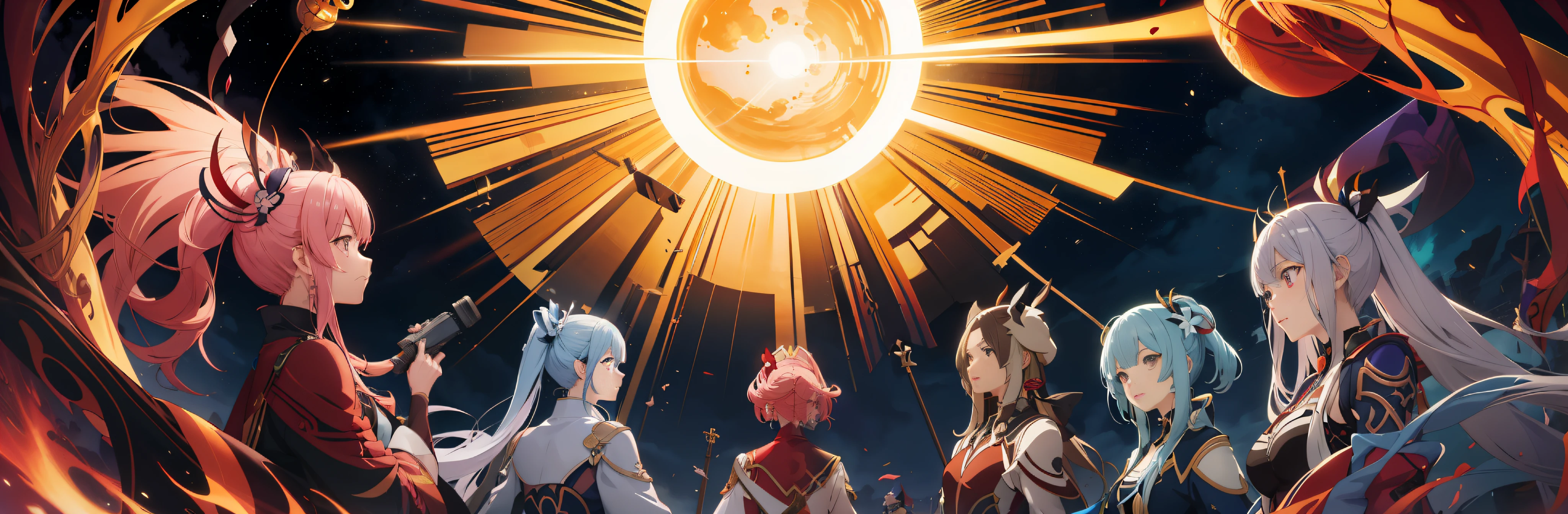 highres, shadows, absurdres, best_quality, ultra_detailed, 8k, extremely_clear, photograph, beautiful, sharp focus, hdr, group of anime characters standing in front of the sun, anime fantasy illustration, etheric animation, Anime Fantasy Artwork, Today's Featured Anime Still, 2 0 2 1 Anime, Fantasy Style Anime, Artgerm and Ateigairan, Genshin, Anime Still Film Anime Shikishi, Epic Light Novel Art Cover, Anime Poster, Epic Light Novel Cover Art