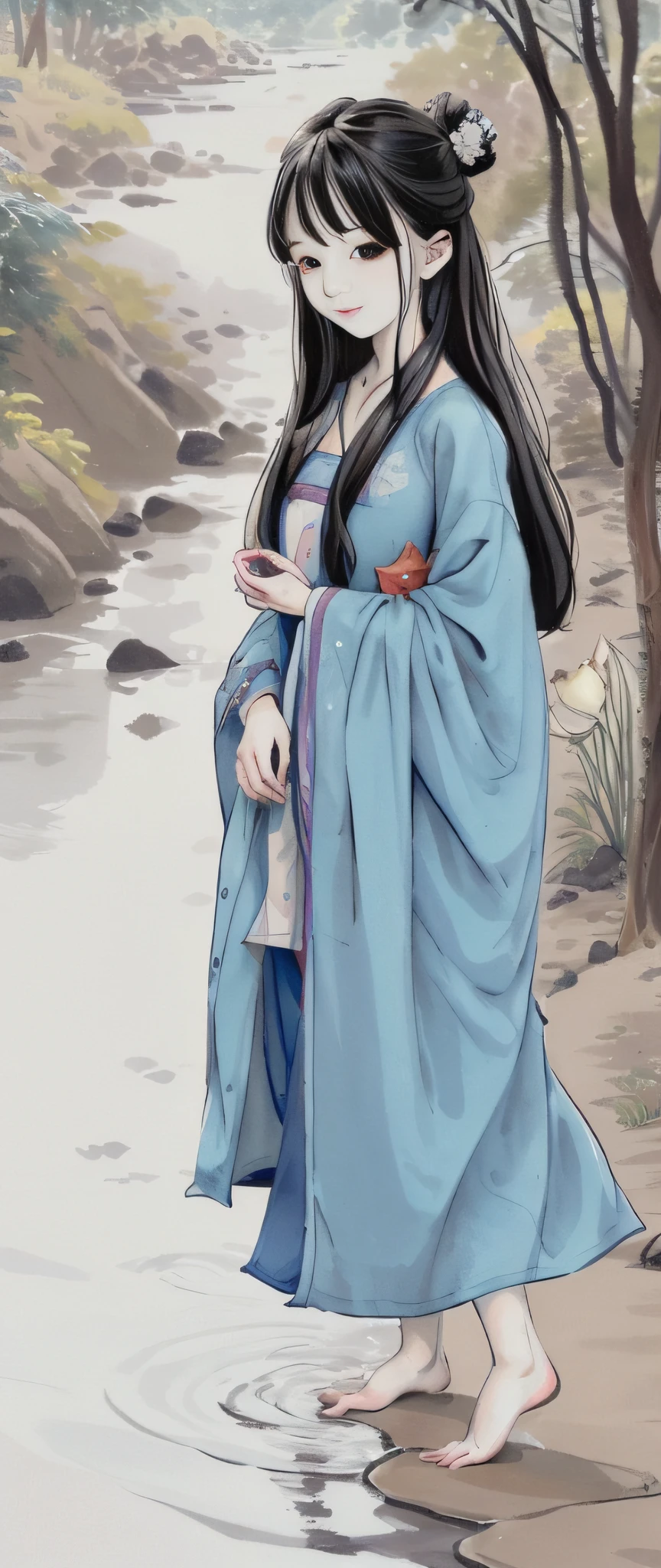 ((4k,masterpiece,best quality)), shuimobysim, traditional chinese ink painting, lotus, hanfu, maxiskit, dress conservatively 1girl, solo, long blue hair, smile, standing, feet in the water, barefoot,