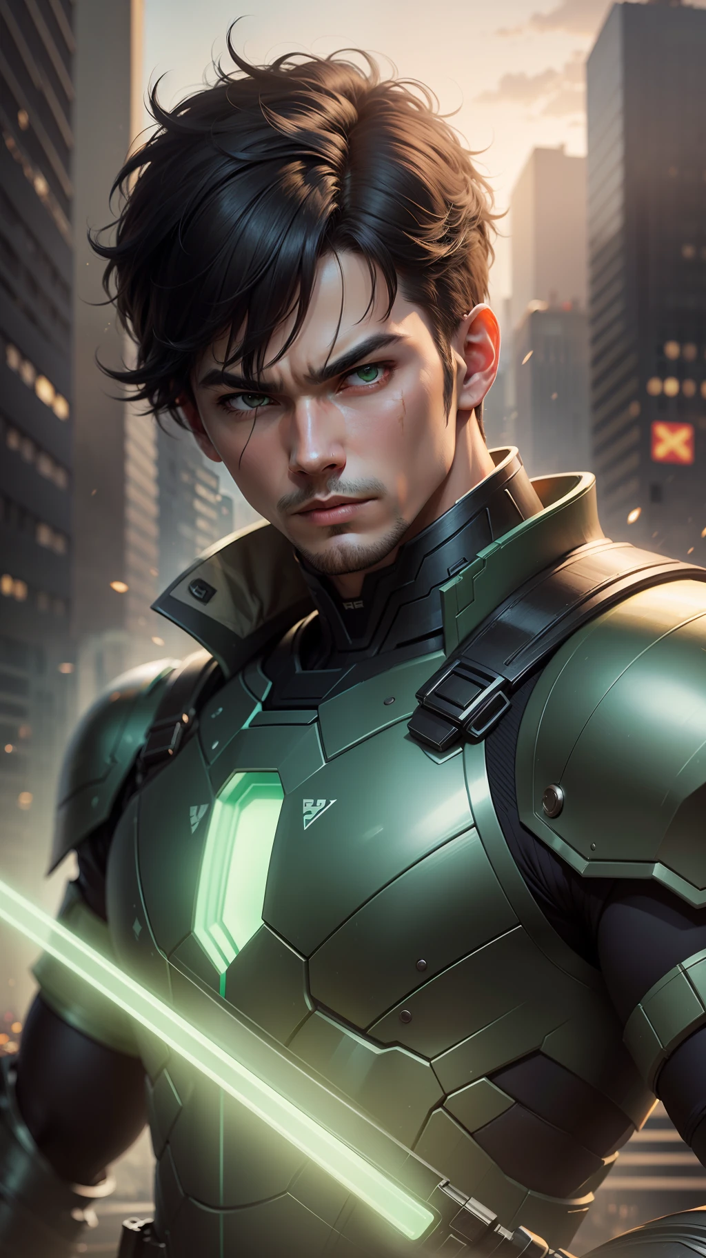 Man, modern hero armor costume, green-yellow neon light motive costume, lighting motive costume, black hair, lighting power around him, in city, powerful, very detailed face, very detailed costume, very detailed photo, masterpiece, best quality,