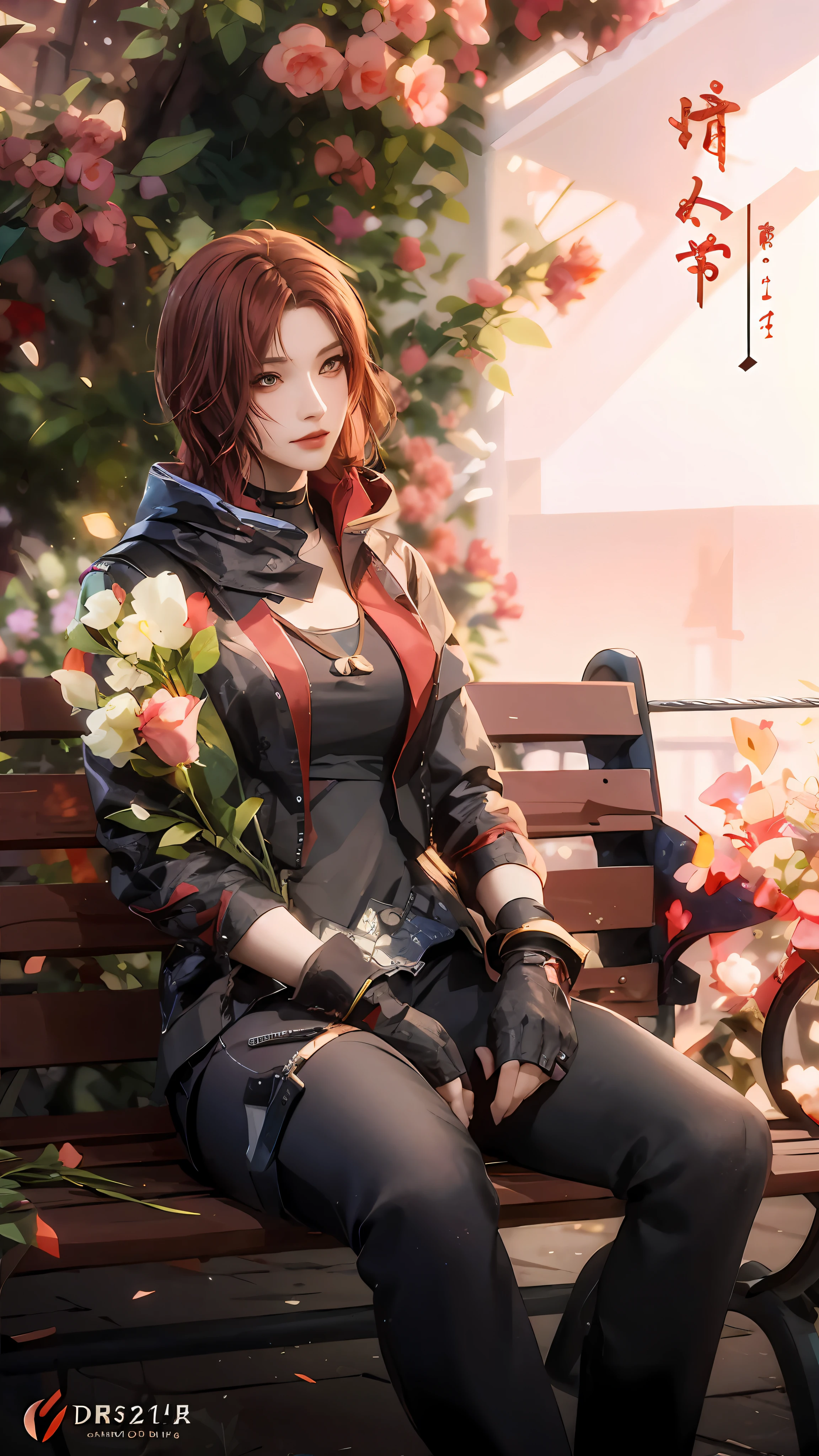 Anime characters sitting on benches, holding flowers, digital artwork, realistic style, beautiful digital painting, cyberpunk cyborgs. rose, character painting, digital painting, beautiful digital art, game style, gorgeous artwork, realistic style, 2.5D CGI anime fantasy artwork, gorgeous digital art. Short red hair, female