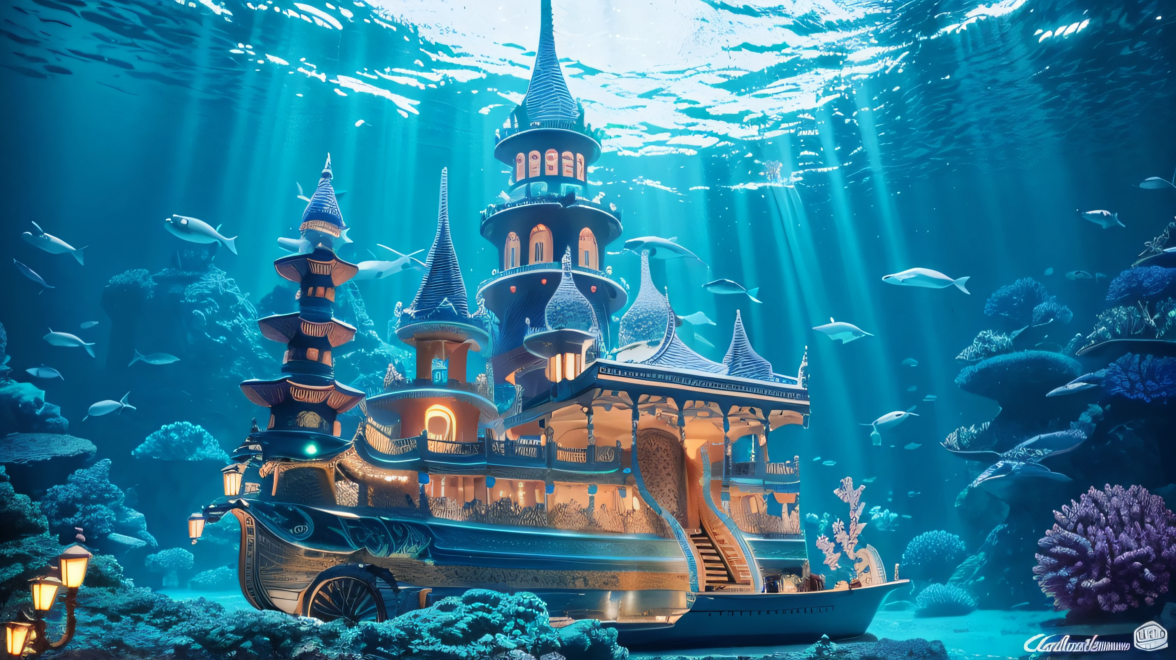 Underwater palace made out of crystal, with blue lanterns, and blue torches, colorful coral around it, vibrant fish, dusk --auto