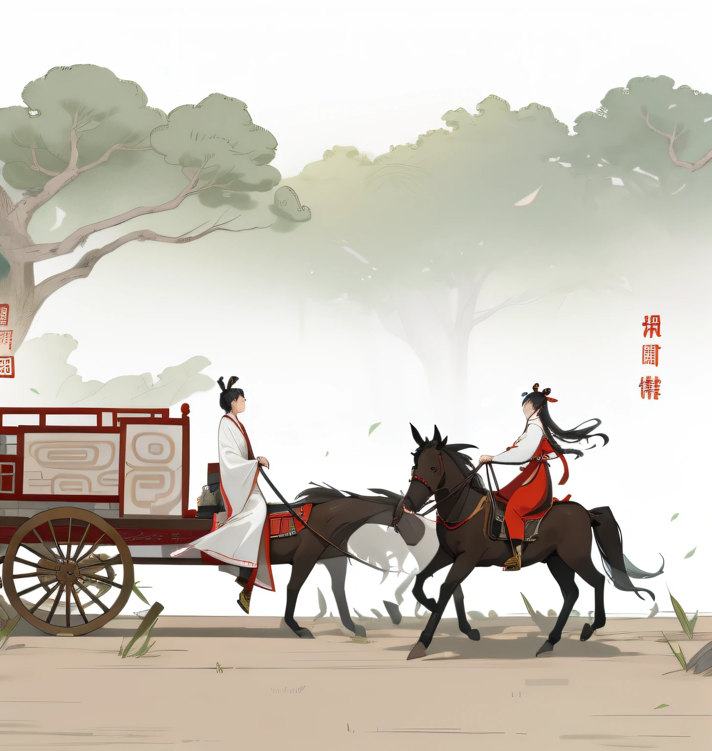 There are two horses pulling a carriage, on which stands a girl, the girl wears Han clothes, long hair, carriage, official fanart, a boy riding a war horse, illustration! Flowing hair and robes, Hanfu, dressed in ancient Chinese clothing, from the Warring States period, inspired by Uemura Boy, inspired by Lu Ji, inspired by ancient Chinese princess Nishikawa Shoushin