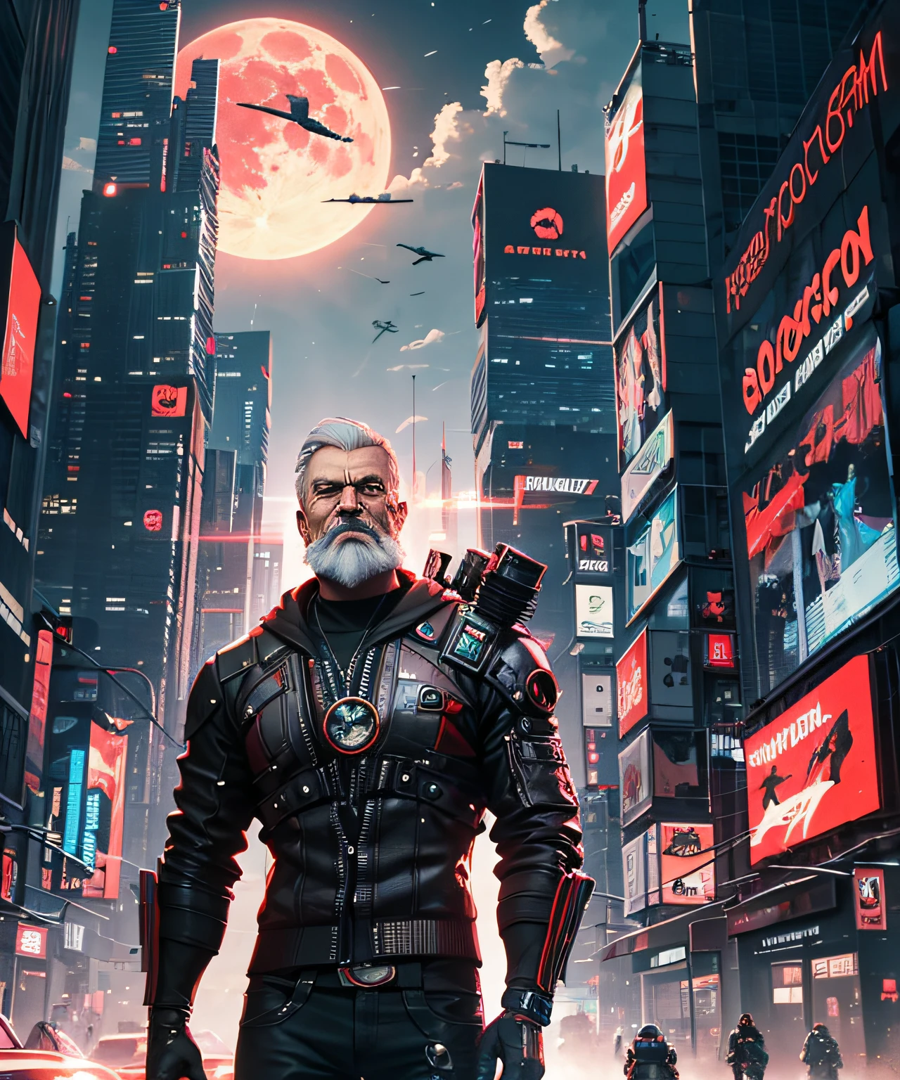 cyberpunk, 2077, bearded, old man, laser gun, beam from eyes, futuristic city, urban, devastation, bright red big moon, red moon, cyborg with body parts