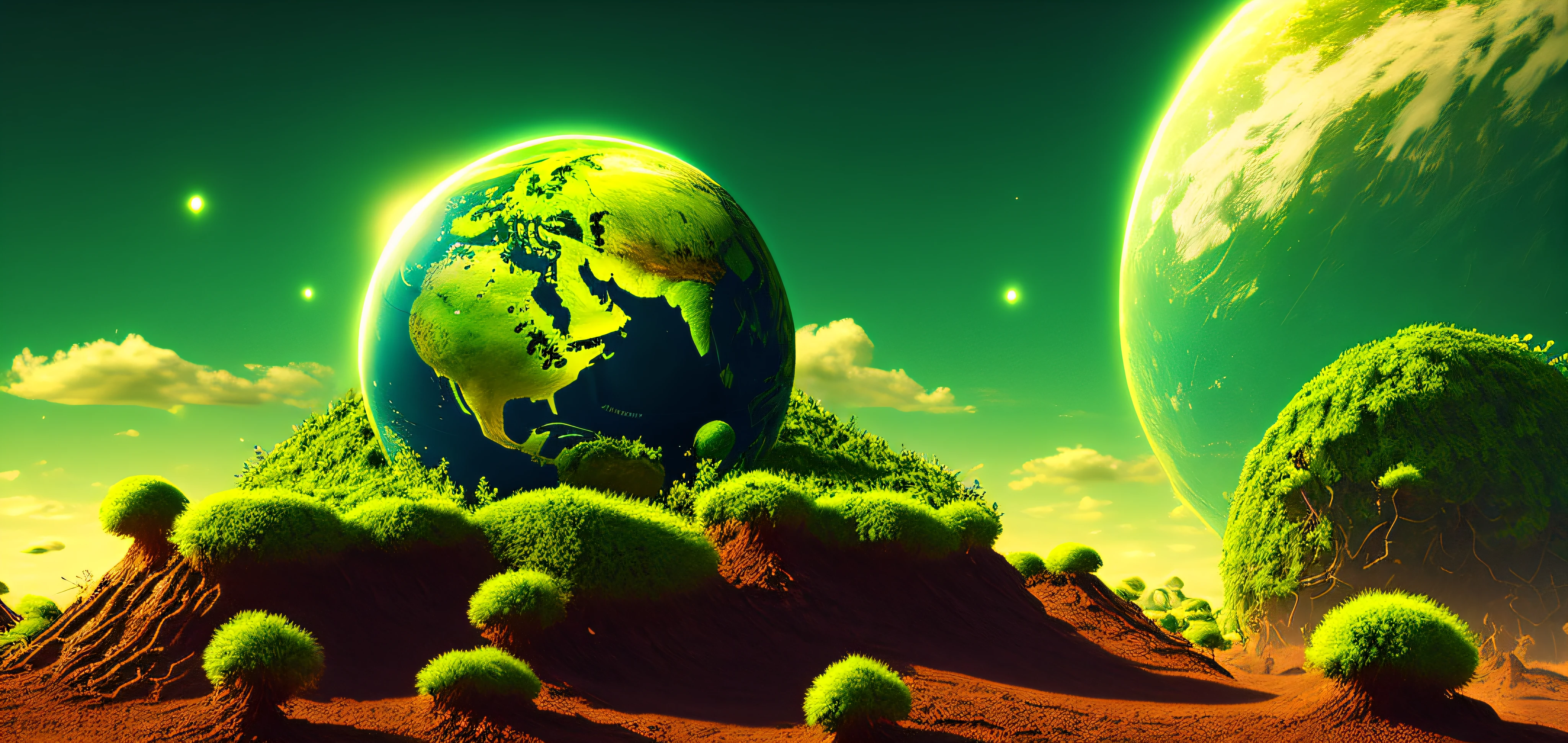 glowing planet, anthill, green, beatiful, 4k