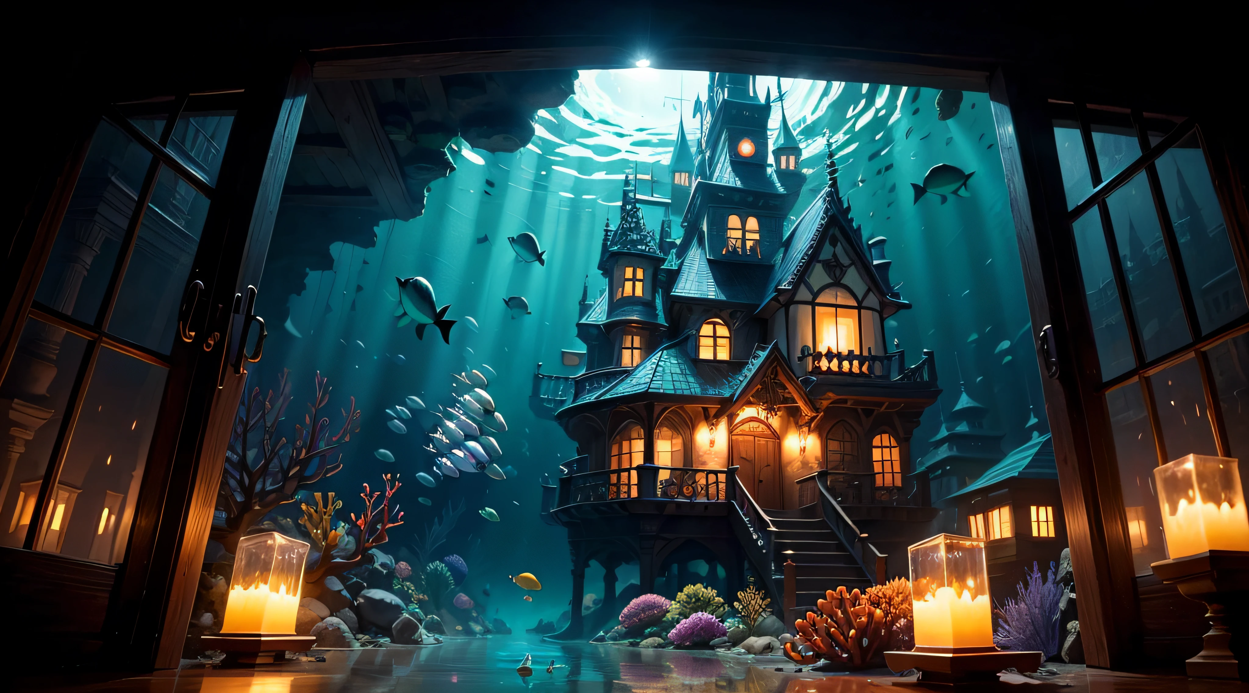 Underwater palace made out of crystal, with blue lanterns, and blue torches, colorful coral around it, vibrant fish, dusk --auto