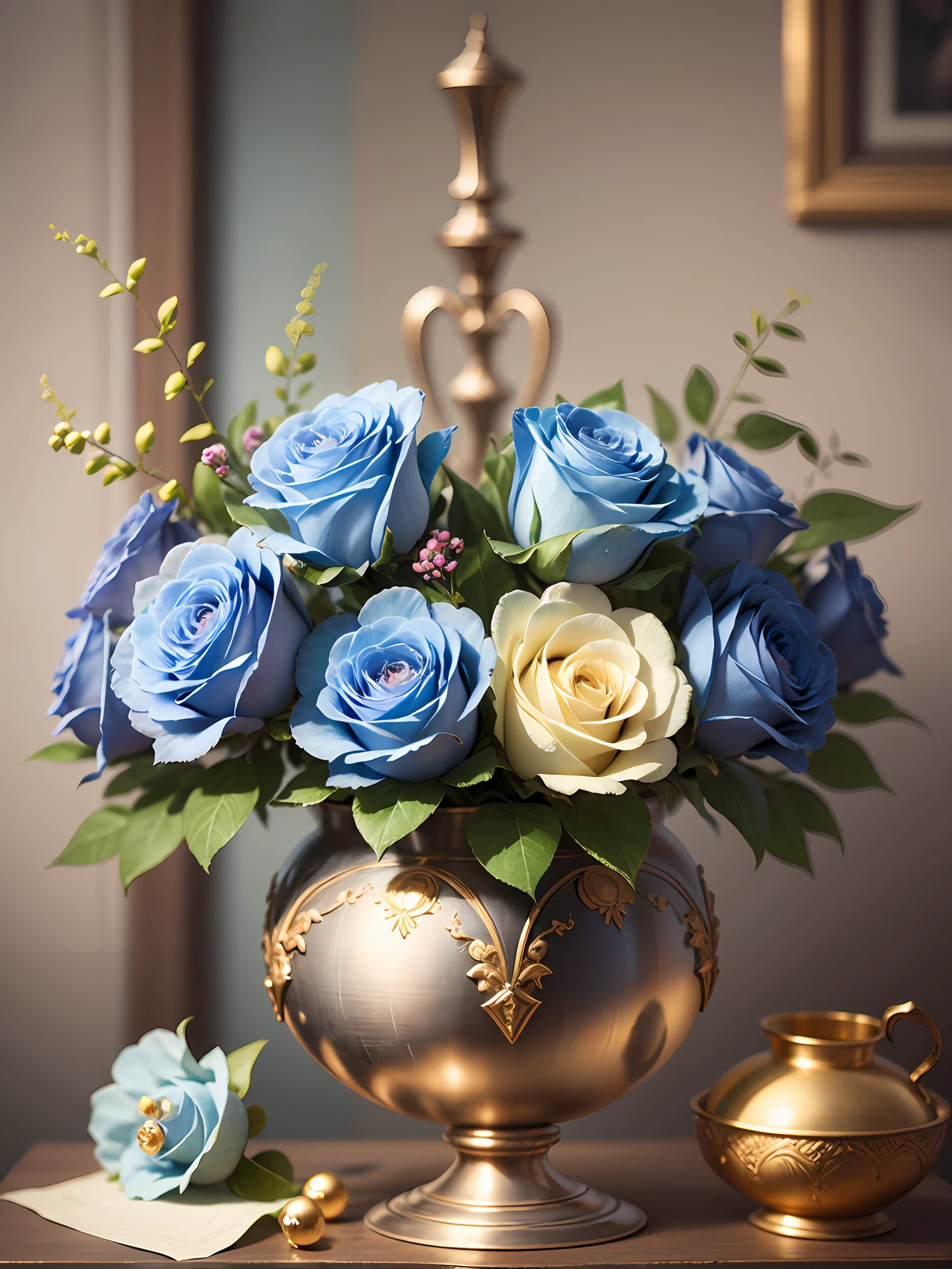 masterpiece, best quality, masterpiece, bouquet of magical pale blue roses, in a golden vase, artstation, high resolution, detailed, sharp focus "Exquisite Still Life": A meticulously organized still life composition with vibrant flowers, lush fruits and intricate details, inviting to the exploration of colors, textures and light, surrealism, color field printing, high detail, UHD, 8k, anatomically correct, cinematic lighting quality 4d --auto --s2