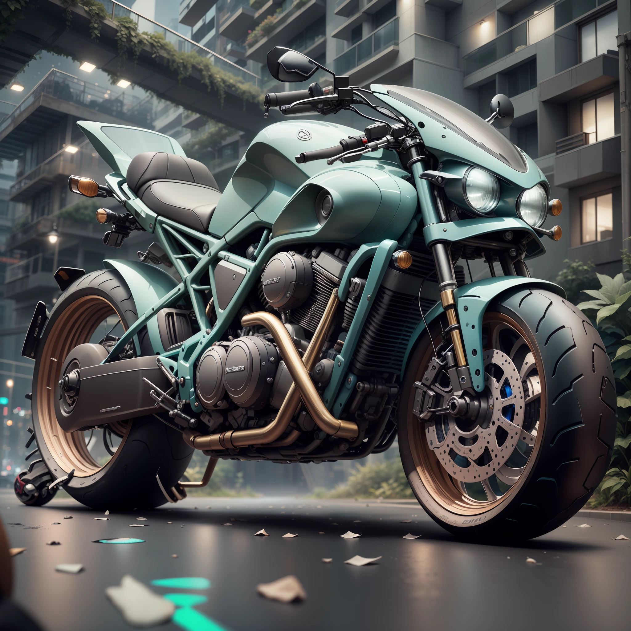 Futuristic multicolored motorcycle highly detailed and near perfect quality (Realistic lighting, better quality, 8K, masterpiece:1.3)) Focus:1.2,Sculpted abs:1.1, (exterior, waterfront:1.1), City Street