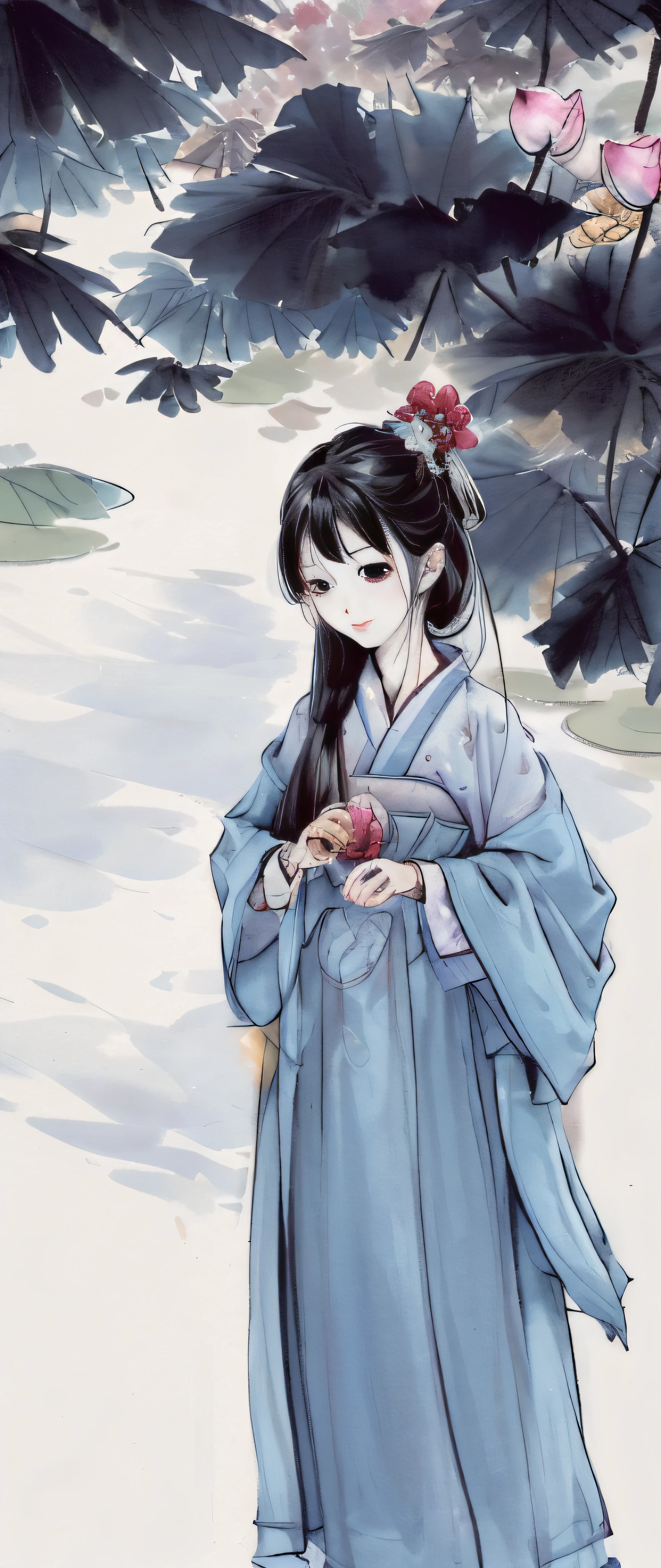 ((4k,masterpiece,best quality)), shuimobysim, traditional chinese ink painting, lotus, hanfu, maxiskit, dress conservatively 1girl, solo, long blue hair, smile, standing, feet in the water, barefoot,