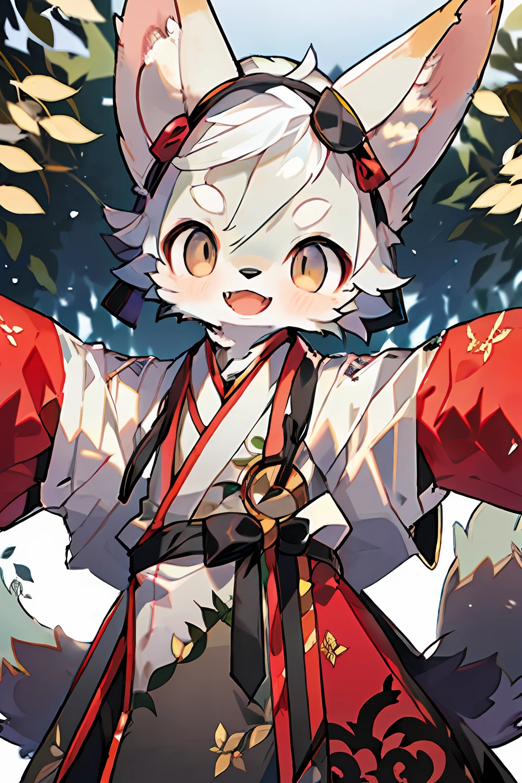 Depth of field, perfect lighting, light particles, (best quality), (masterpiece), (super detailed), sharp focus, light particles, niji, eyesgod, blush, brown_eyes, looking_at_viewer, smile, solo, furry, animal_ear_fluff, open_clothes, arms back, upper body, tail, hanfu, chinese clothing, sunlight, tree, open mouth, from below, arms back，white hair, white face