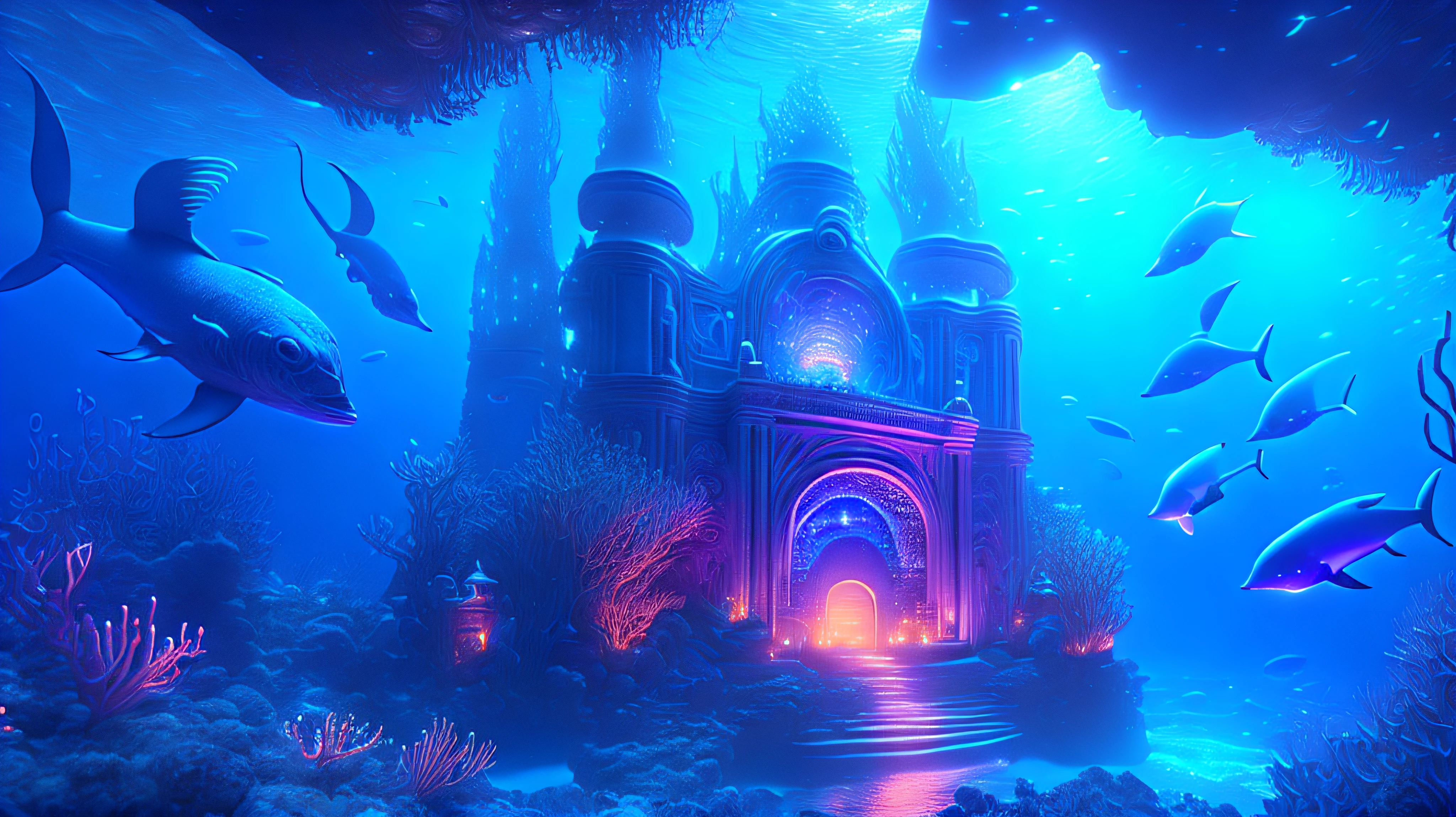 Underwater palace made out of crystal,  with blue lanterns, and blue torches, colorful coral around it, vibrant fish, dusk --auto