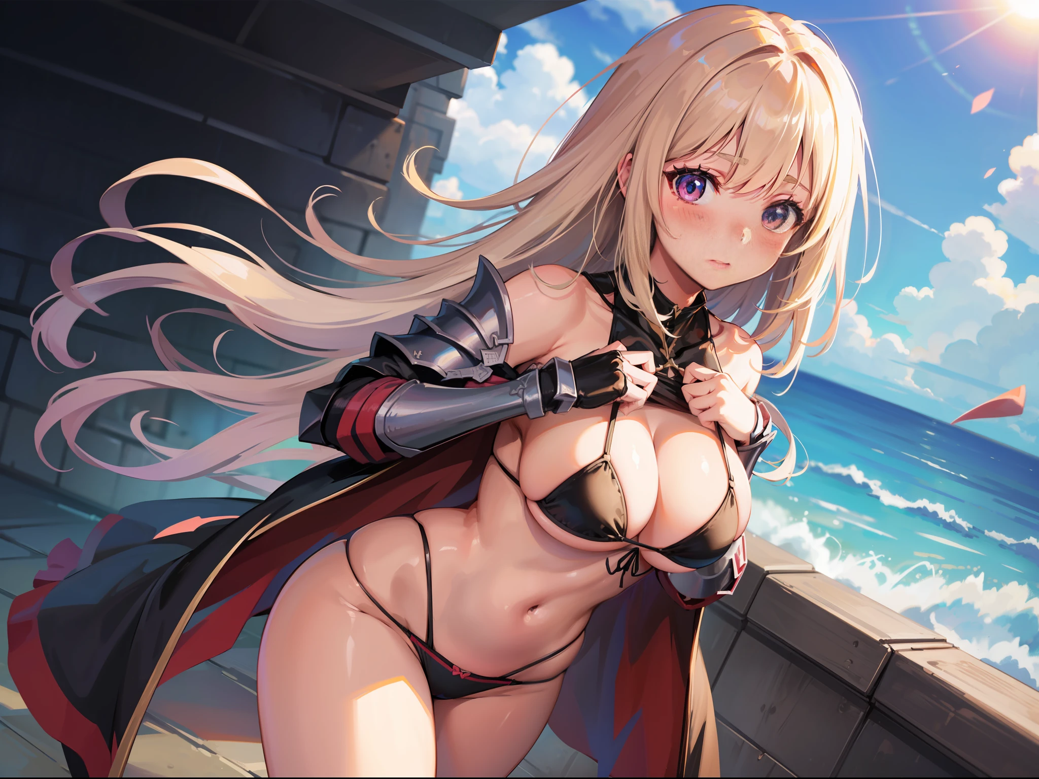 bikini armor, cute, blush, breakage undressing,, thighs, clear, high quality, realistic