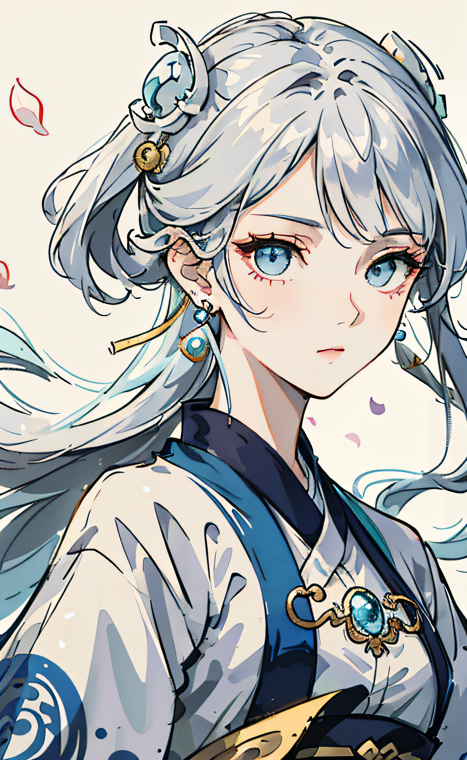 Mature girl, blue and white hair color, inner pick dye, floating hair, delicate and smart eyes, intricate damask hanfu, gorgeous accessories, wearing pearl earrings, FOV, f/1.8, masterpiece, complex scene, petals flying, front portrait shot, Chang'e, side lighting