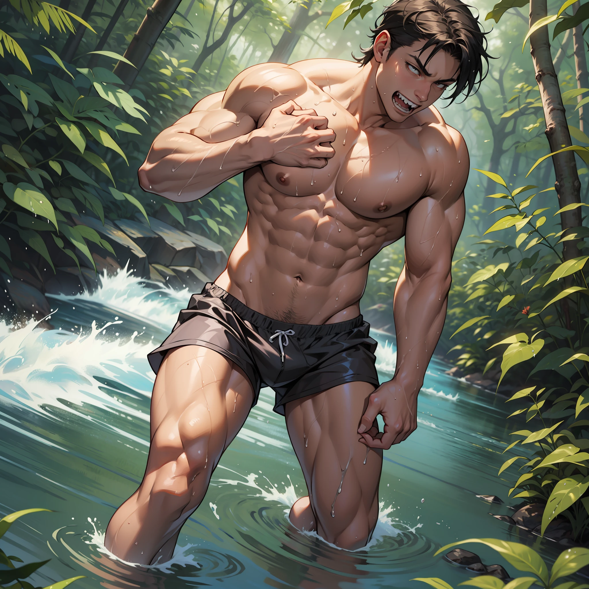 Male swimsuit briefs, three teenagers, mutated human, mutant process, high school student, short hair, next to a creek in the forest, attacked, huge plants attack humans, vines entangled in the body, man-eating flowers, terrified expressions, gritted teeth, clenched teeth, fangs, heat, shut up, abs, full body, single, barefoot, naked, all body wet