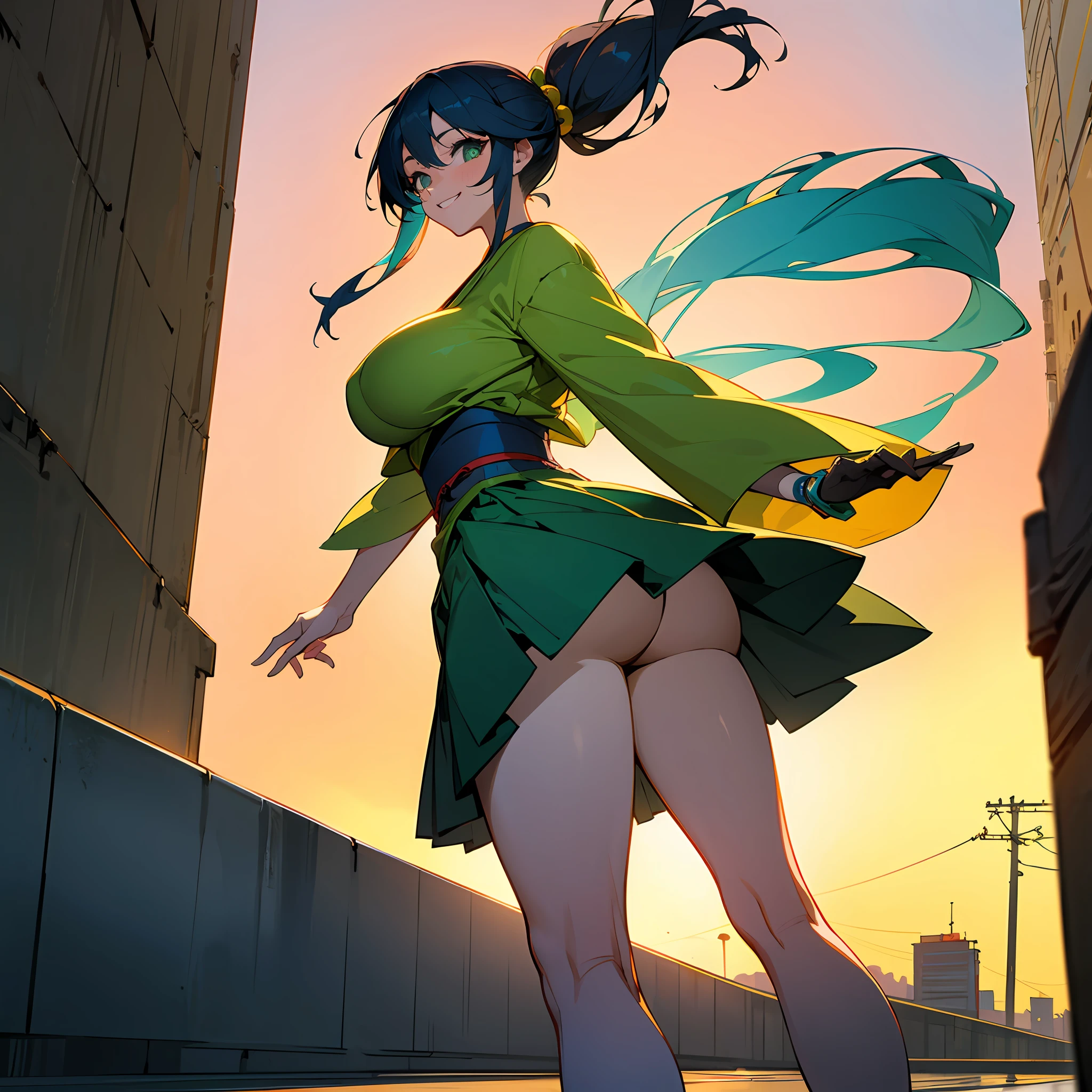 Japanese anime style girl with big ass and skirt costs front with yellow green and blue color in clothes with big breasts with smile walking on the street of rio de janeiro with beautiful sunset --auto