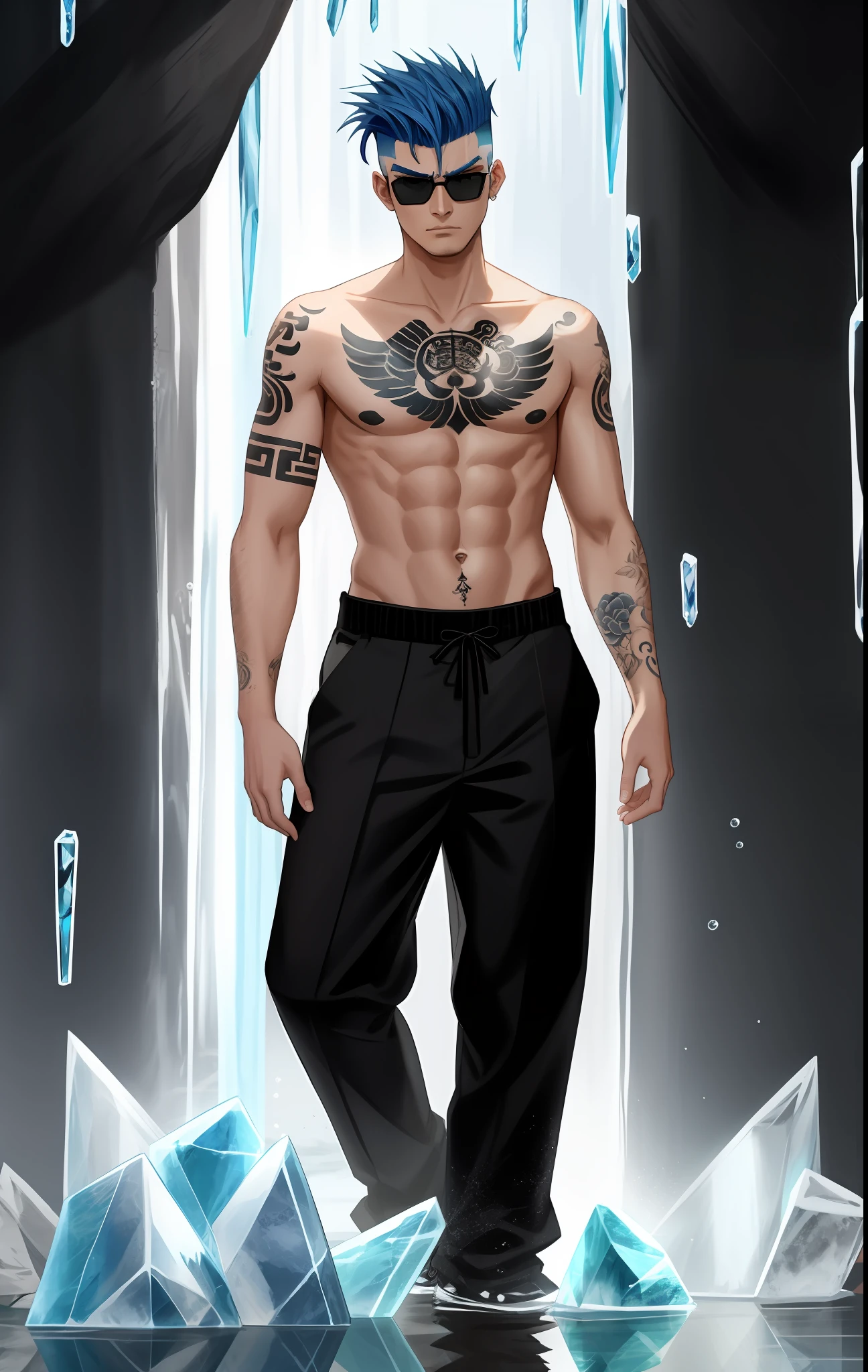 27-year-old man wearing round black sunglasses, no shirt, tattoo all over his arms, blue hair with shaved sides, blind man with a serious face, no shirt, evil look, aura of water and ice, wearing pants from ancient China