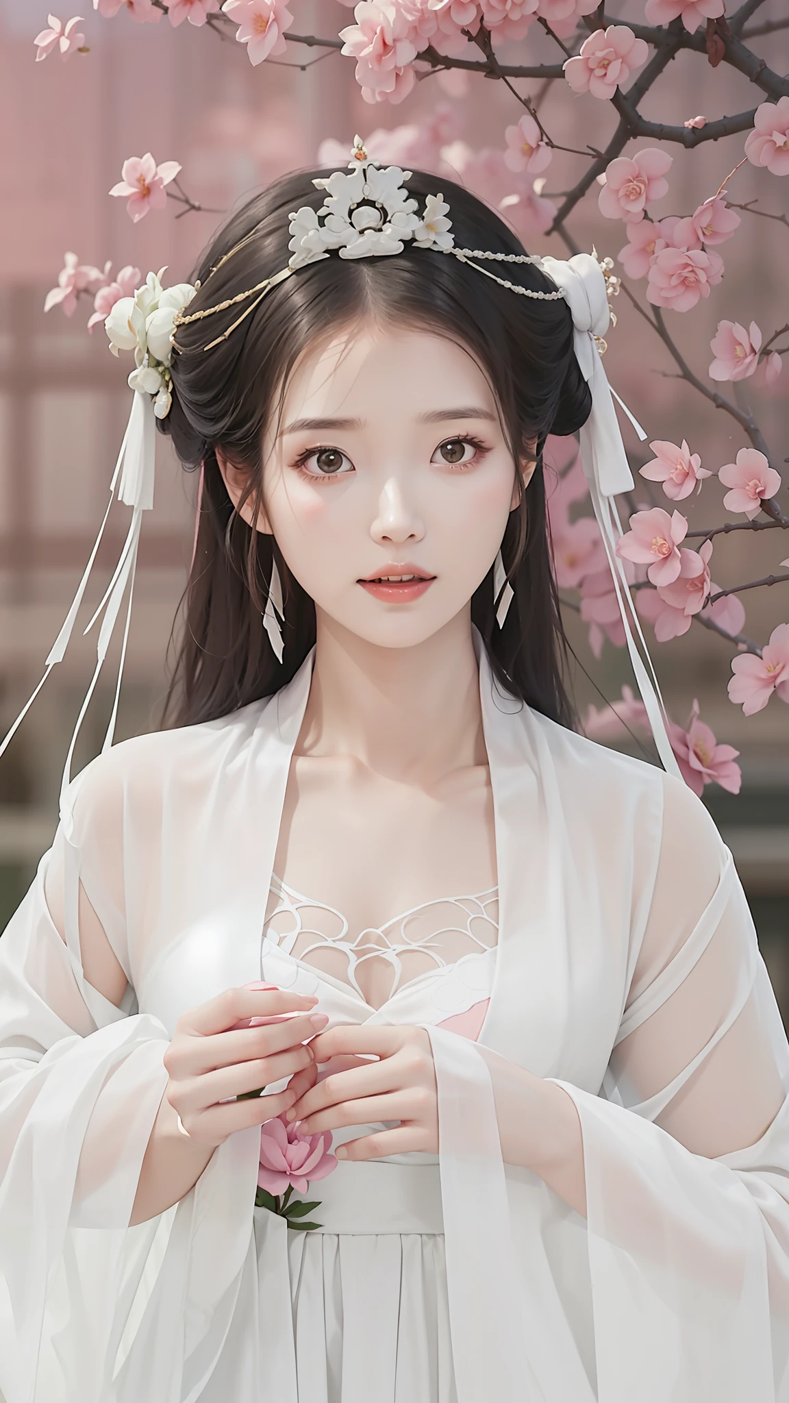 a close up of a woman in a white dress and a pink flower, palace ， a girl in hanfu, chinese princess, ancient chinese beauties, ethereal beauty, ancient chinese princess, a beautiful fantasy empress, ((a beautiful fantasy empress)), traditional beauty, chinese style, wearing ancient chinese clothes, beautiful render of tang dynasty, gorgeous chinese model, white hanfu