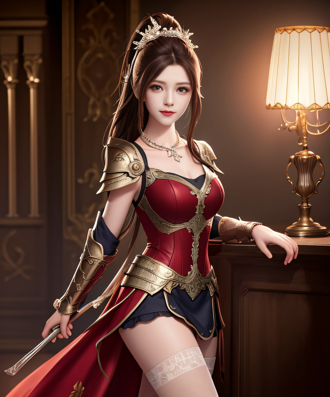 Goddess of Battle, Best Quality, Masterpiece, High Resolution, 1girl, Porcelain Dress, Hair Accessories, Necklace, Jewelry, Beautiful Face, Tyndall Effect, Realism, Dark Studio, Edge Lighting, Two-tone Lighting, (High Detail Skin: 1.2), 8K UHD, DSLR, Soft Light, High Quality, Volumetric Light, Voyage Photo, High Resolution, High Resolution, Photo, High Resolution, Photos, High Resolution, Vampire, Best Quality in Full Body, Masterpiece, High Resolution, 1 Girl, Ancient Armor, Red Metal Skinny Armor, Chest Pattern, Single Ponytail, upon_body,,Stockings, Realistic, Edge lighting, Two-tone lighting, (High detail skin: 1.2), 8K Ultra HD, DSLR, Soft lighting, High quality, Volume lighting, Frank, Photos, High resolution, lace stockings, riding horse, shoulder armor, exposed belly, briefs