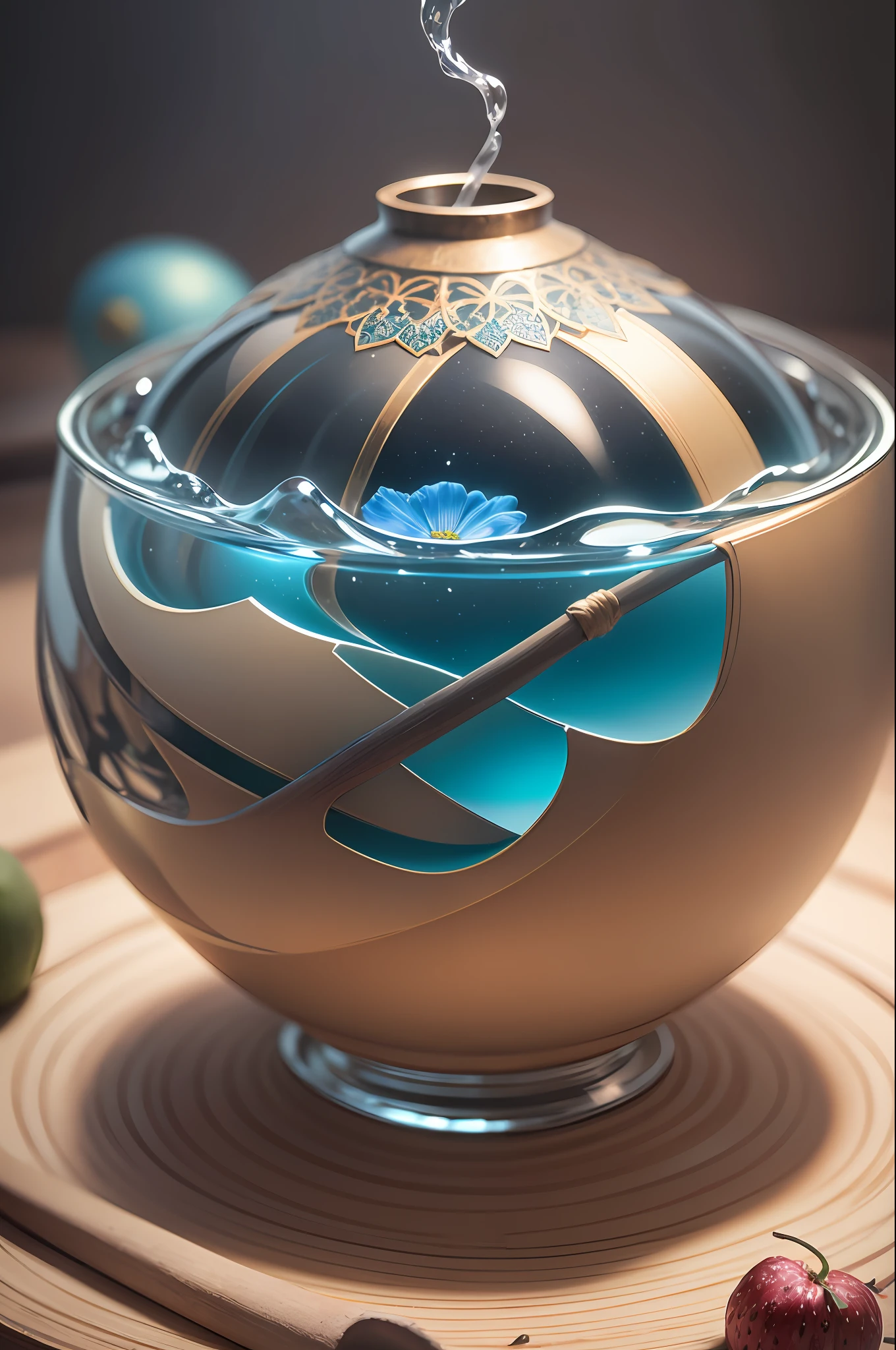 ultra detailed digital art, ultra realistic CG, professional art, clean, flawless, a bamboo vapor SilverSapphireAI, extremely detailed, brilliant, "Exquisite Still Life": A meticulously organized still life composition with vibrant flowers, lush fruits and intricate details, inviting the exploration of colors, textures and light, surrealism, color field printing, high detail, UHD, 8k, anatomically correct, 4D quality cinematic lighting --auto --s2