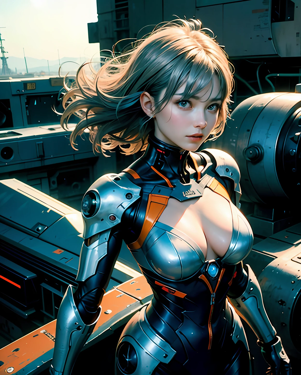 Silver hair, long fluttering hair, strong wind, orange eyes, shining eyes, cyborg female soldier, full body, big, face and chest are raw, cleavage is visible. photorealistic, large rifle, metallic, detailed mechanical parts, bundles of thin tubes, metal cylinders, detailed neon, fine LEDs, rooftops of futuristic buildings