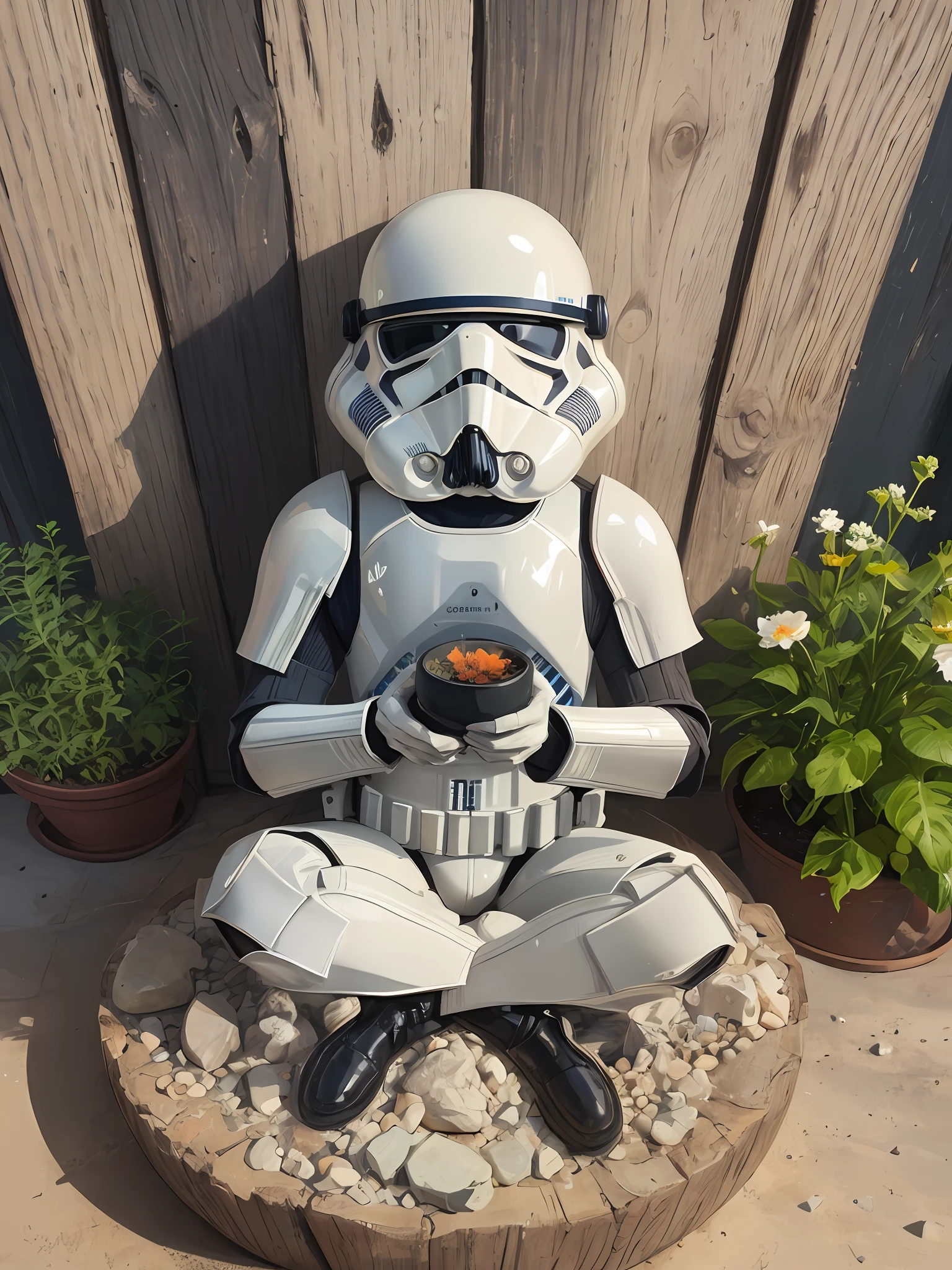 A portrait of storm trooper was meditation in peaceful place, full of small bonsai pot, meditation