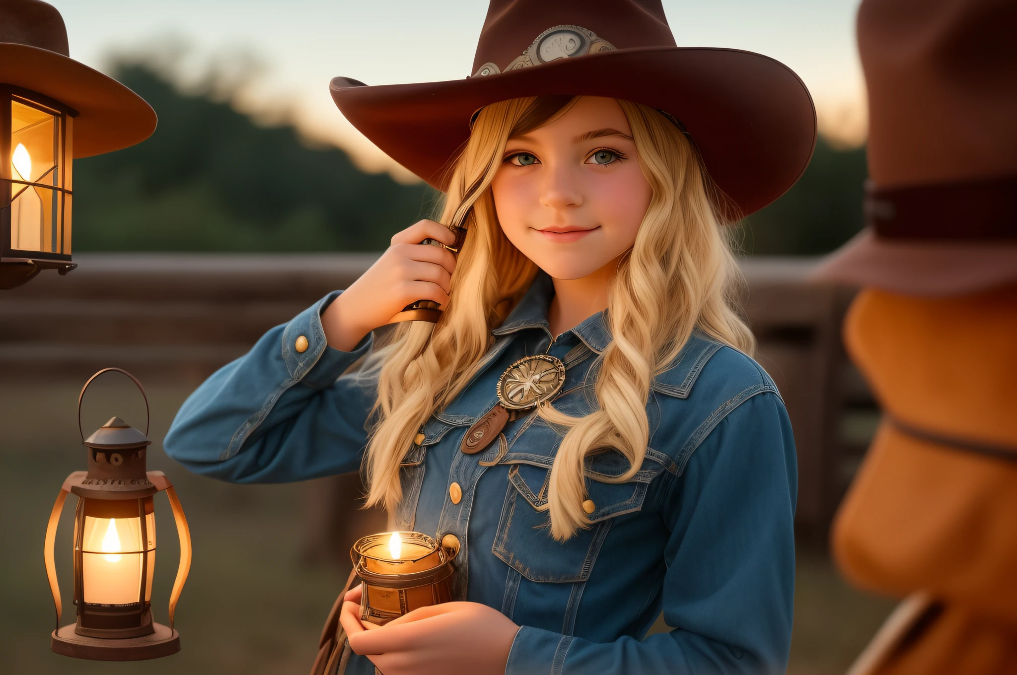 arafed girl in a cowboy hat holding a lantern, holding a lantern, cowgirl, girl under lantern, western cowgirl, dressed as a western sheriff, cow-girl, beautiful cowboy witch, young girl in steampunk clothes, female cowgirl, girl, by Linda Sutton, kid, lighting, photo of the girl, wearing a cowboy hat, next gen, portrait rugged girl