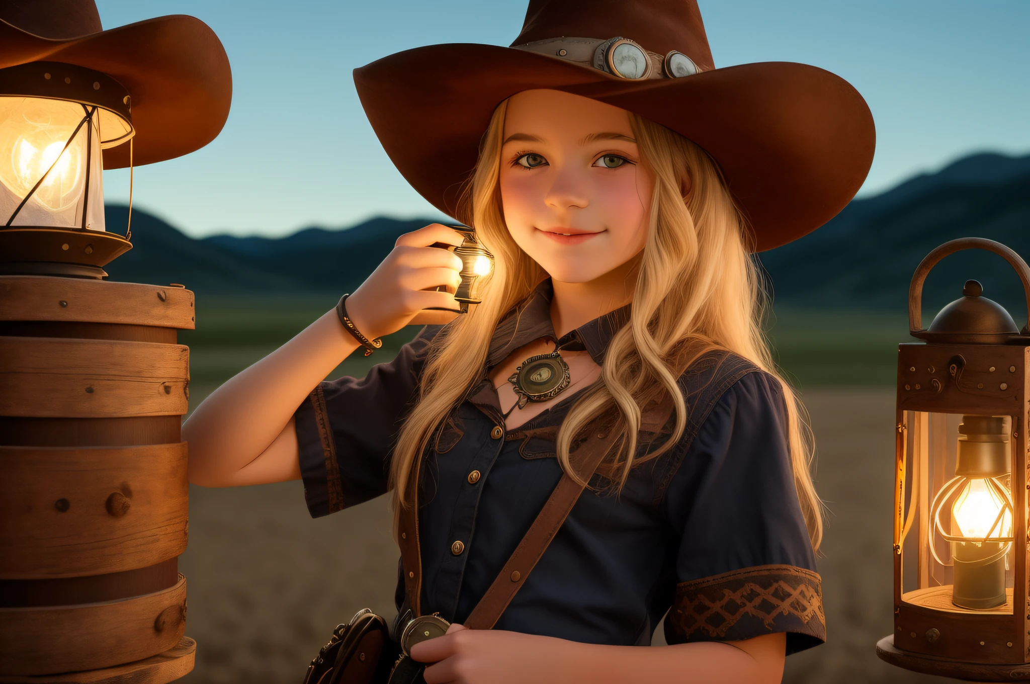 arafed girl in a cowboy hat holding a lantern, holding a lantern, cowgirl, girl under lantern, western cowgirl, dressed as a western sheriff, cow-girl, beautiful cowboy witch, young girl in steampunk clothes, female cowgirl, girl, by Linda Sutton, kid, lighting, photo of the girl, wearing a cowboy hat, next gen, portrait rugged girl