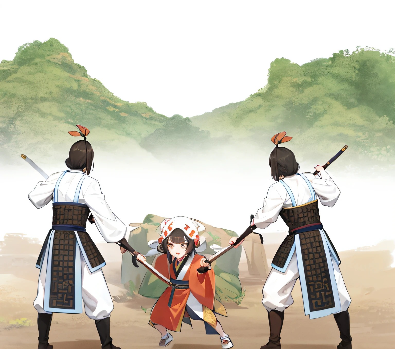 There are two warrior generals of men holding swords, inspired by the Warring States period, from the Three Kingdoms, Hanfu, wearing ancient Chinese clothing, from the Warring States period, inspired by Uemura Boy, inspired by Lu Ji, inspired by the ancient Chinese princess Nishikawa Shoushin