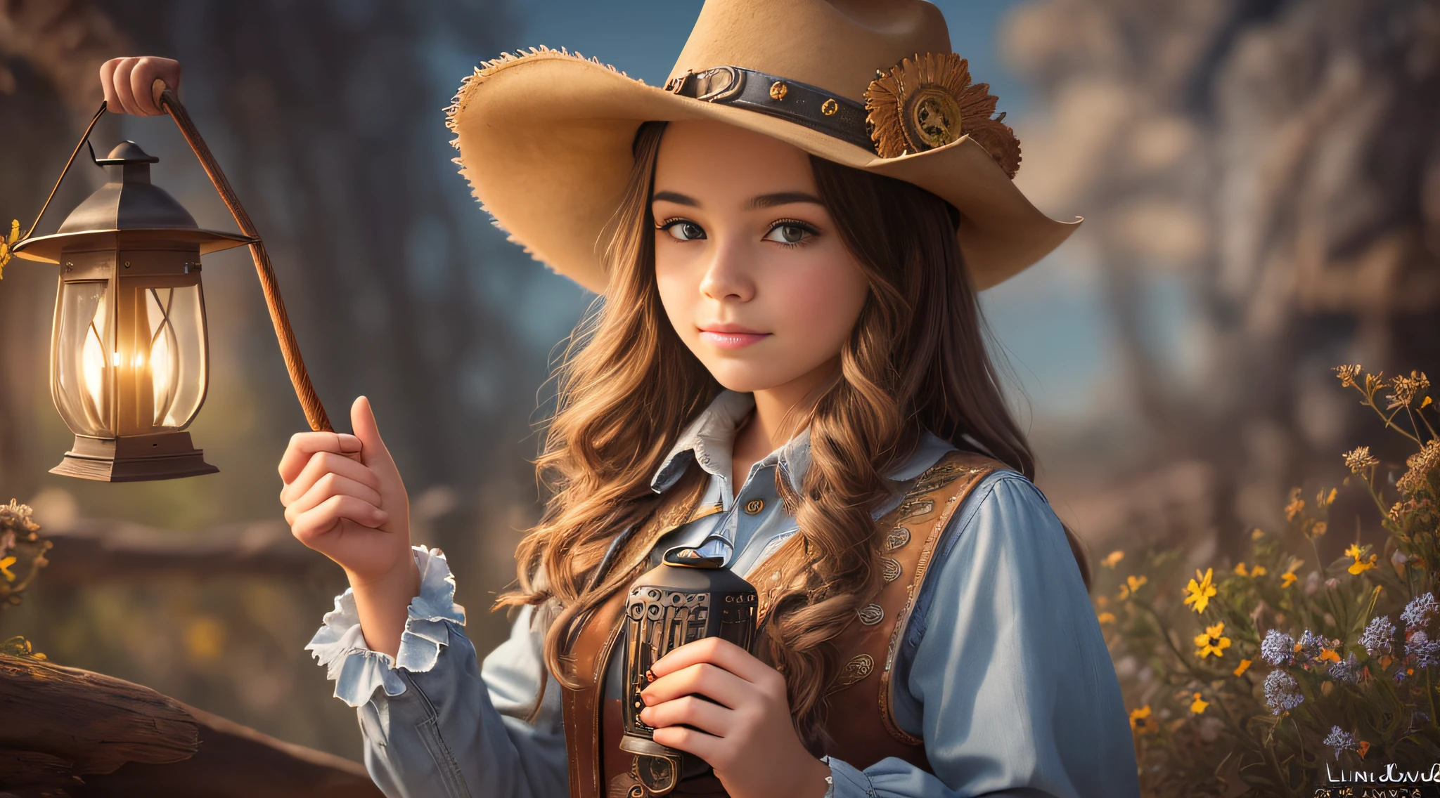 arafed girl in a cowboy hat holding a lantern, holding a lantern, cowgirl, girl under lantern, western cowgirl, dressed as a western sheriff, cow-girl, beautiful cowboy witch, young girl in steampunk clothes, female cowgirl, girl, by Linda Sutton, , lighting, photo of the girl, wearing a cowboy hat, next gen, portrait rugged girl