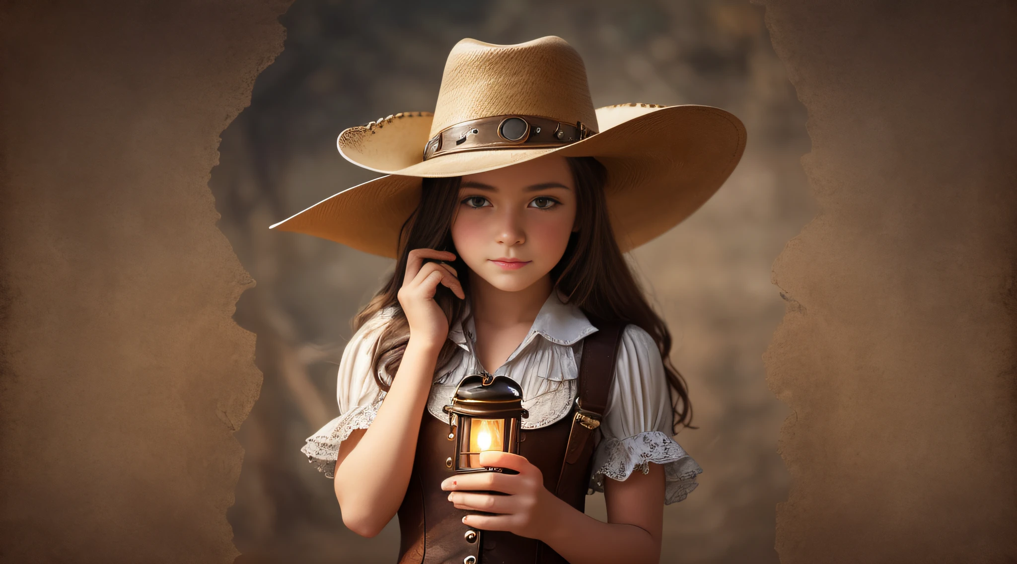 arafed girl in a cowboy hat holding a lantern, holding a lantern, cowgirl, girl under lantern, western cowgirl, dressed as a western sheriff, cow-girl, beautiful cowboy witch, young girl in steampunk clothes, female cowgirl, girl, by Linda Sutton, kid, lighting, photo of the girl, wearing a cowboy hat, next gen, portrait rugged girl