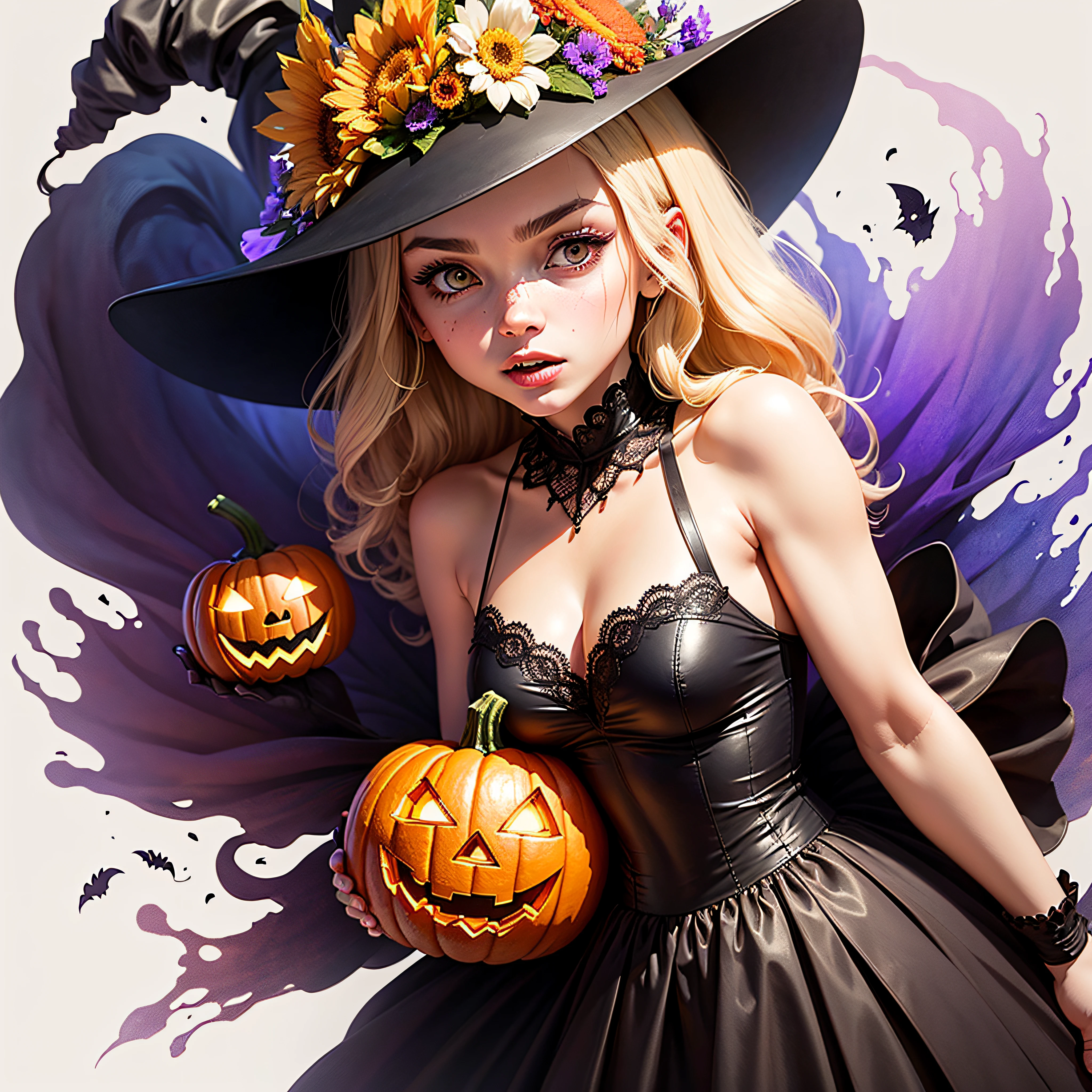 watercolor illustration, Halloween, scary pumpkin, colorful flowers, high resolution,8K. ((white background)) --auto