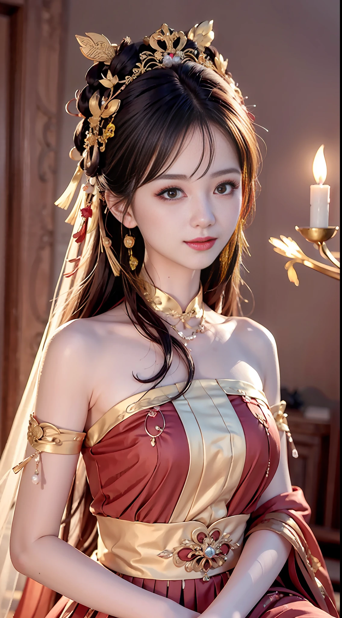 Portrait of Figures, Ancient China, Oriental Women, Tang Style, Double Happiness Background, Wedding Room, Cave Room, Costume Bride, Red Wedding Dress, Red Han Dress, Phoenix Crown Xia Curtain, Hair Coiled, Full of Pearls, Flower Dan Between Eyebrows, Red Candle, Candlelight Illuminates the Room, Best Quality, Original, Very Detailed Masterpiece, Very Detailed CG, Delicate Face, Divinity, Masterpiece, Delicate Face, Smile, 4K Picture Quality, Girl, Hanfu, Black Hair, Bun, Hair Ornament, Jewelry, Exquisite Face, Red clothes, golden patterns, phoenix crowns, red wedding dresses, newlyweds, festive, delicate skin, soft light effects, delicate and smooth hair, exquisite details, eye highlights, fair skin, fine portrayal, extreme details, cinematic picture quality, charming, thin, cute, slender, well-behaved, shy, black eyes, indoor, candlelight, romantic, warm