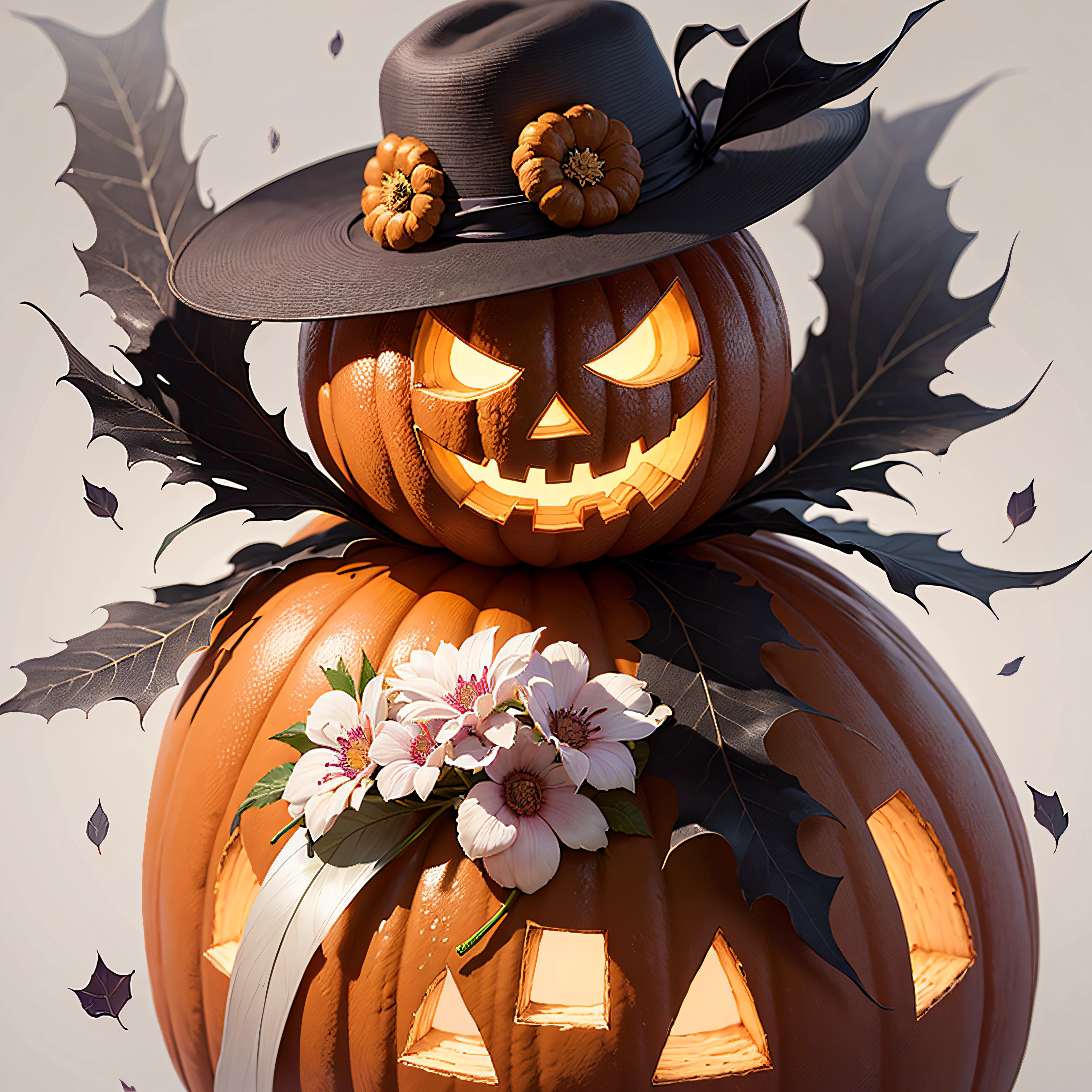 watercolor illustration, Halloween, scary pumpkin, colorful flowers, high resolution,8K. ((white background)) --auto