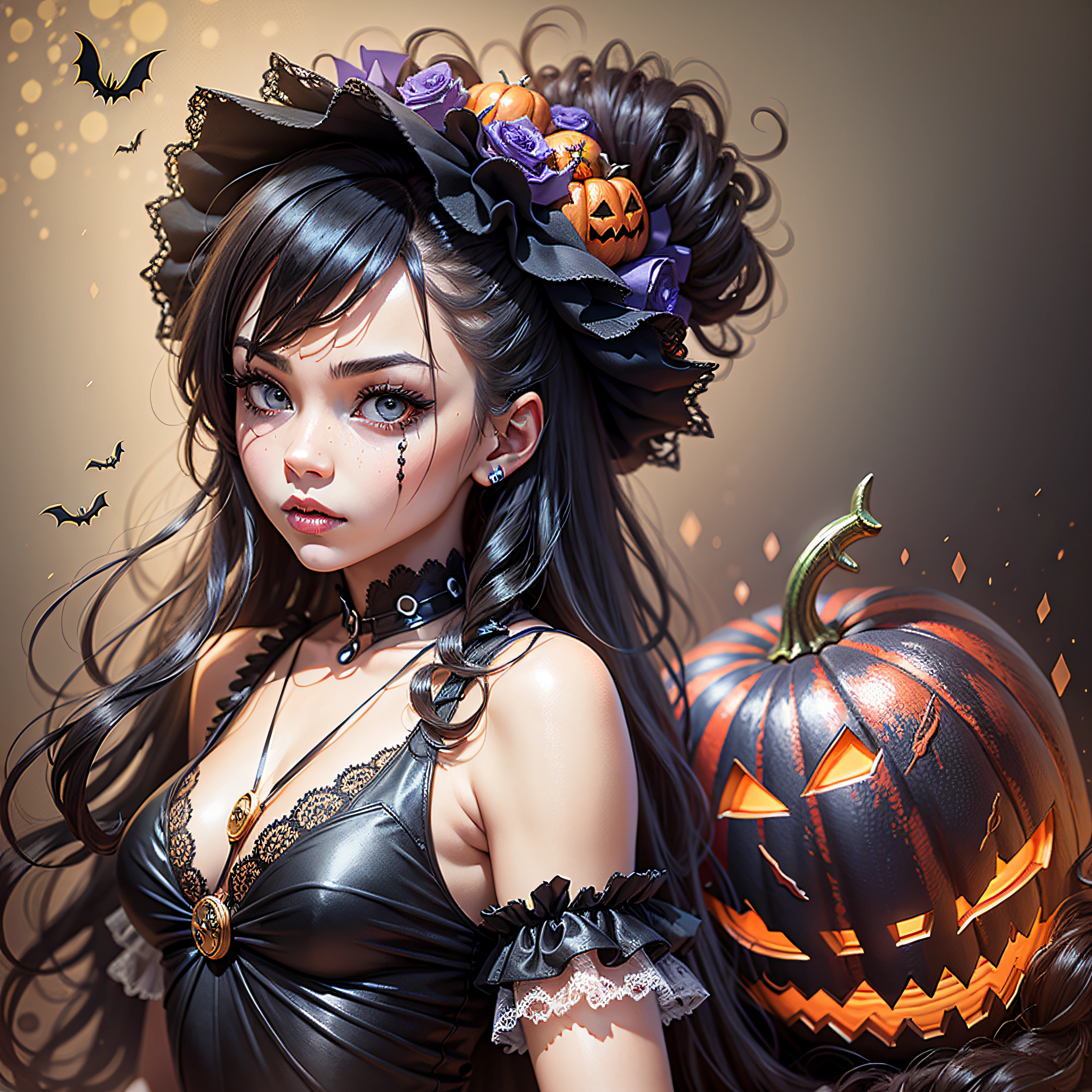 watercolor illustration, Halloween, scary pumpkin, colorful flowers, high resolution,8K. ((white background)) --auto