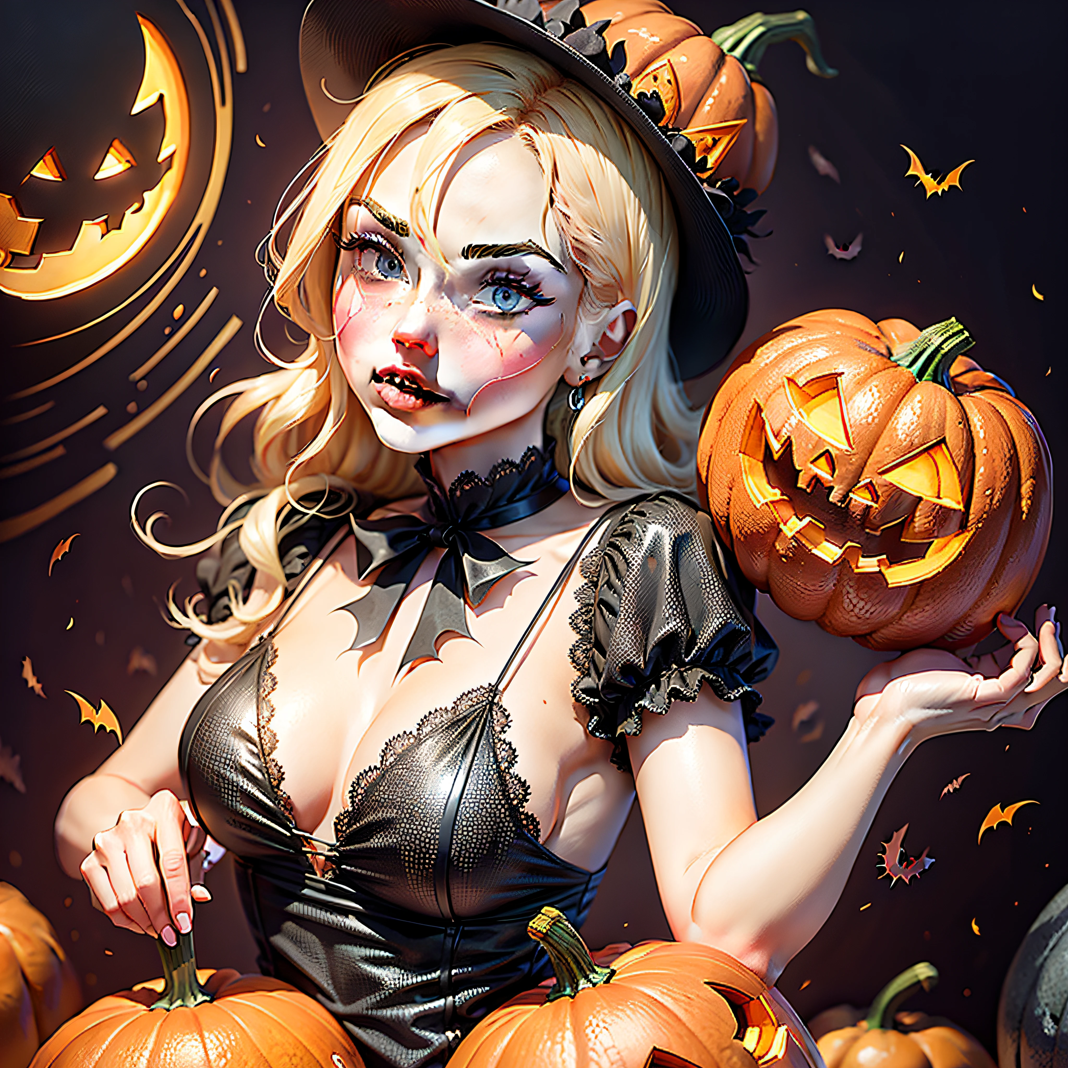 watercolor illustration, Halloween, scary pumpkin, colorful flowers, high resolution,8K. ((white background)) --auto