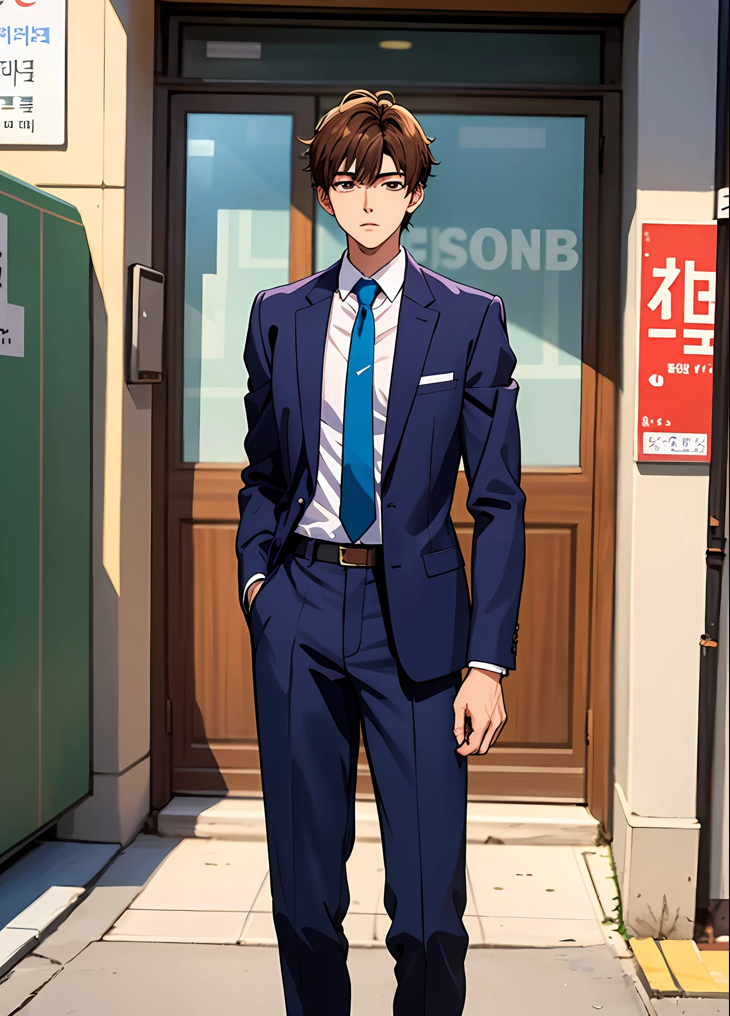 Young man 18 years: 1.3, Short brown hair: 1.2, tall: 1.2, Occupation: 1.2, Daytime: 1.2, On the street: 1.2, Film lighting, Best quality, 8k, school uniform, white dress shirt, blue tie ((anime strokes)) Korean boy, simple uniform. (boy) ((man)) Handsome, handsome, confident looking boy