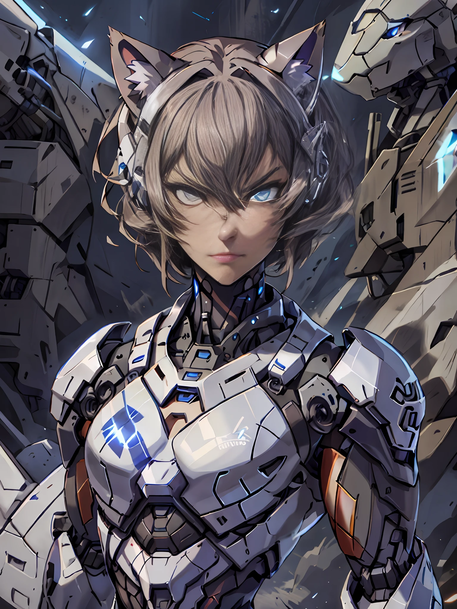 High quality, HD picture quality, an Abyssinian cat female anime character, metal cat, big cat ears, white mech, short brown hair, upturned hair, glossy, white mech, portrait shooting, serious and stern expression, intimidating pose,