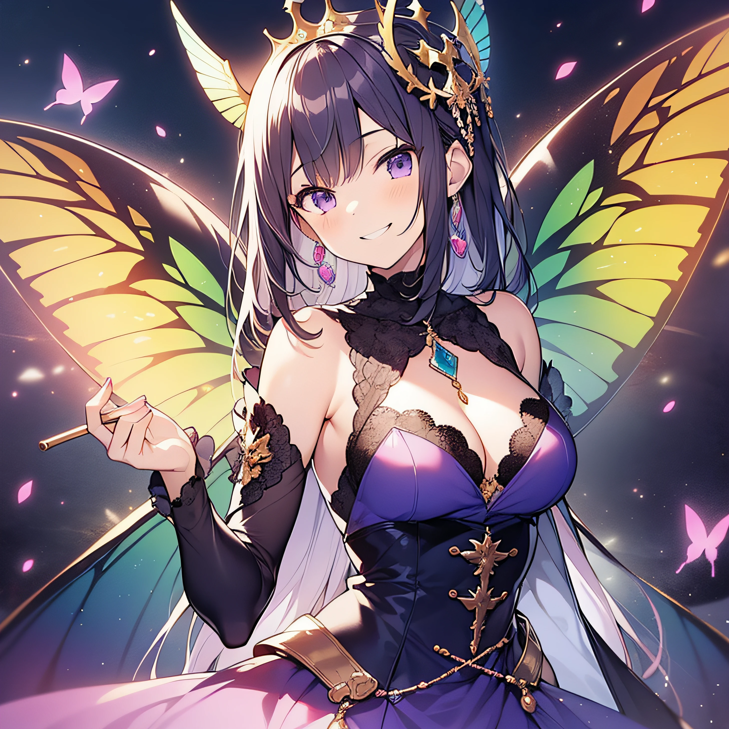 anime girl with butterfly wings and purple dress posing for a picture, anime moe artstyle, shikamimi, detailed cover artwork, ((a beautiful fantasy empress)), official artwork, anime cover, by Shingei, splash art anime , anime style like fate/stay night, smiling as a queen of fairies, official fanart, shadowverse style