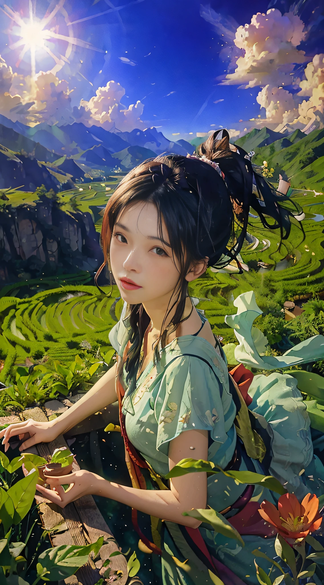 (((best quality))), ((super detailed)), (illustration), (dynamic angle), ((floating)), (from above), tea picker, big clouds, blue sky, rice fields, neat rice seedlings in the field, forest, hillside, bathing
