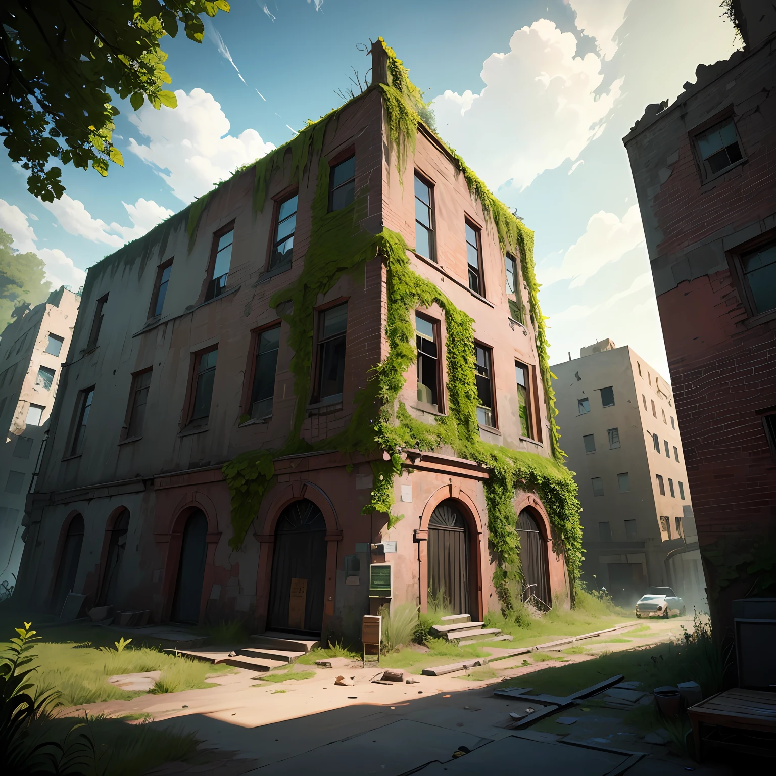 Ruined city, ivy-covered buildings, the Last of Us --auto