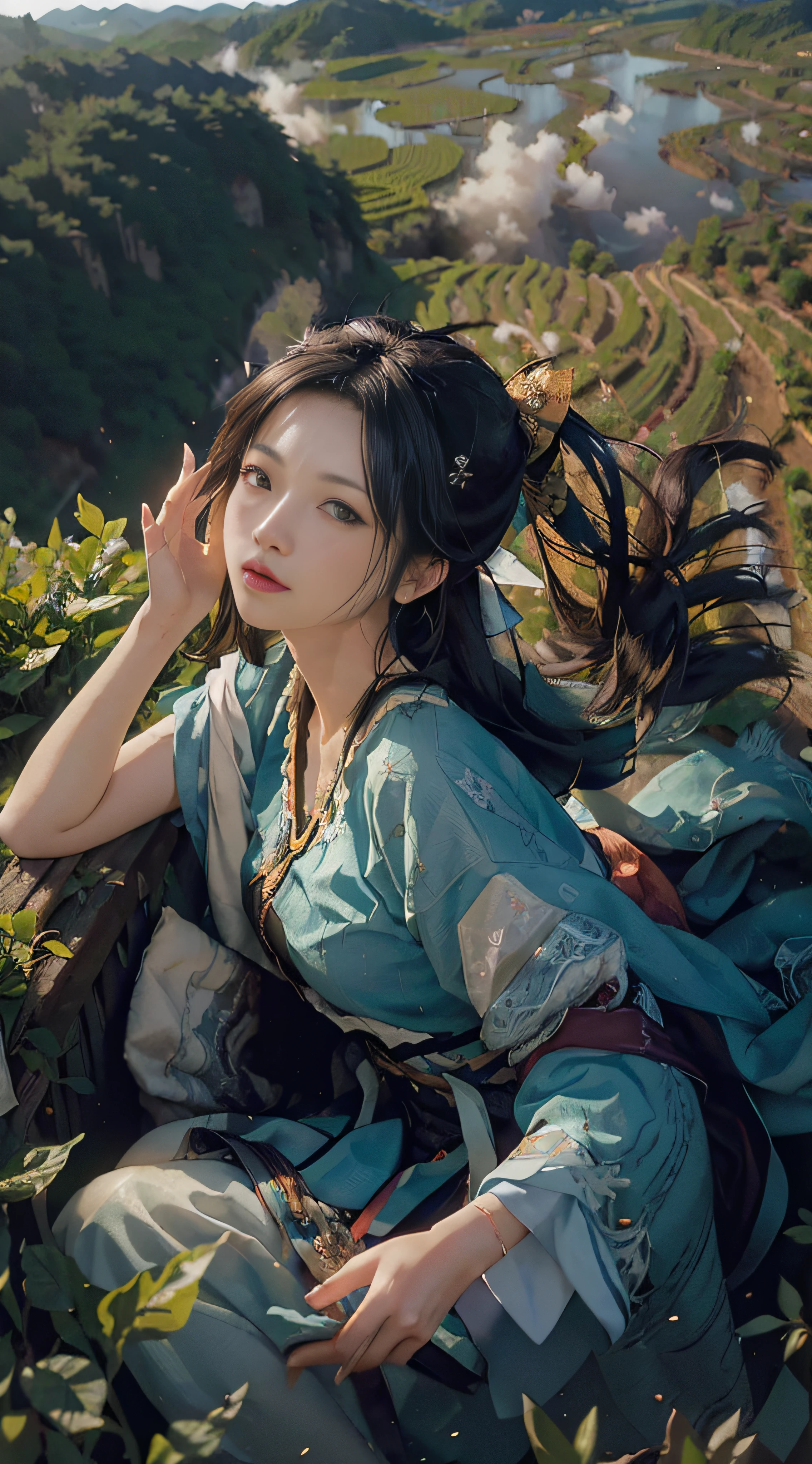 (((best quality))), ((hyper-detailed)), (illustration), (dynamic angle), ((floating)), (from above), (tea picker, big clouds, blue sky, rice fields, neat rice seedlings in the field, forest, hillside, secluded, countryside, HD detail, hyperdetail, cinematic, surrealism, soft light, deep field focus bokeh, ray tracing and surrealism)
