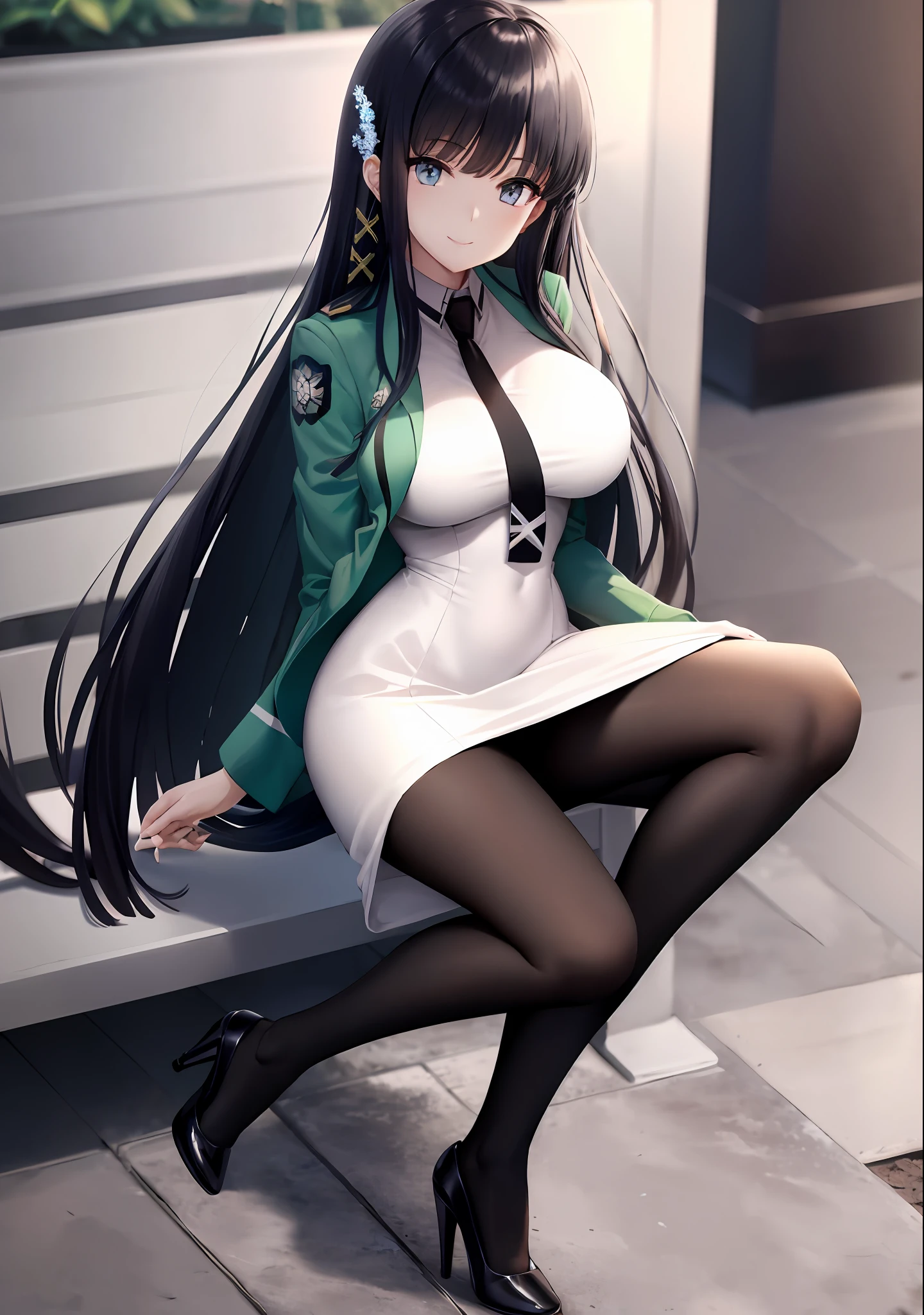 forest, day, sky, cloud, full body, 1girl, ShibaMiyuki, hair ornament, school uniform, black necktie, white dress, green jacket, long sleeves, open jacket, high heels, Very Large Breasts, sitting, pantyhose, lifted by, looking at viewer, smiling, seductive smile,
