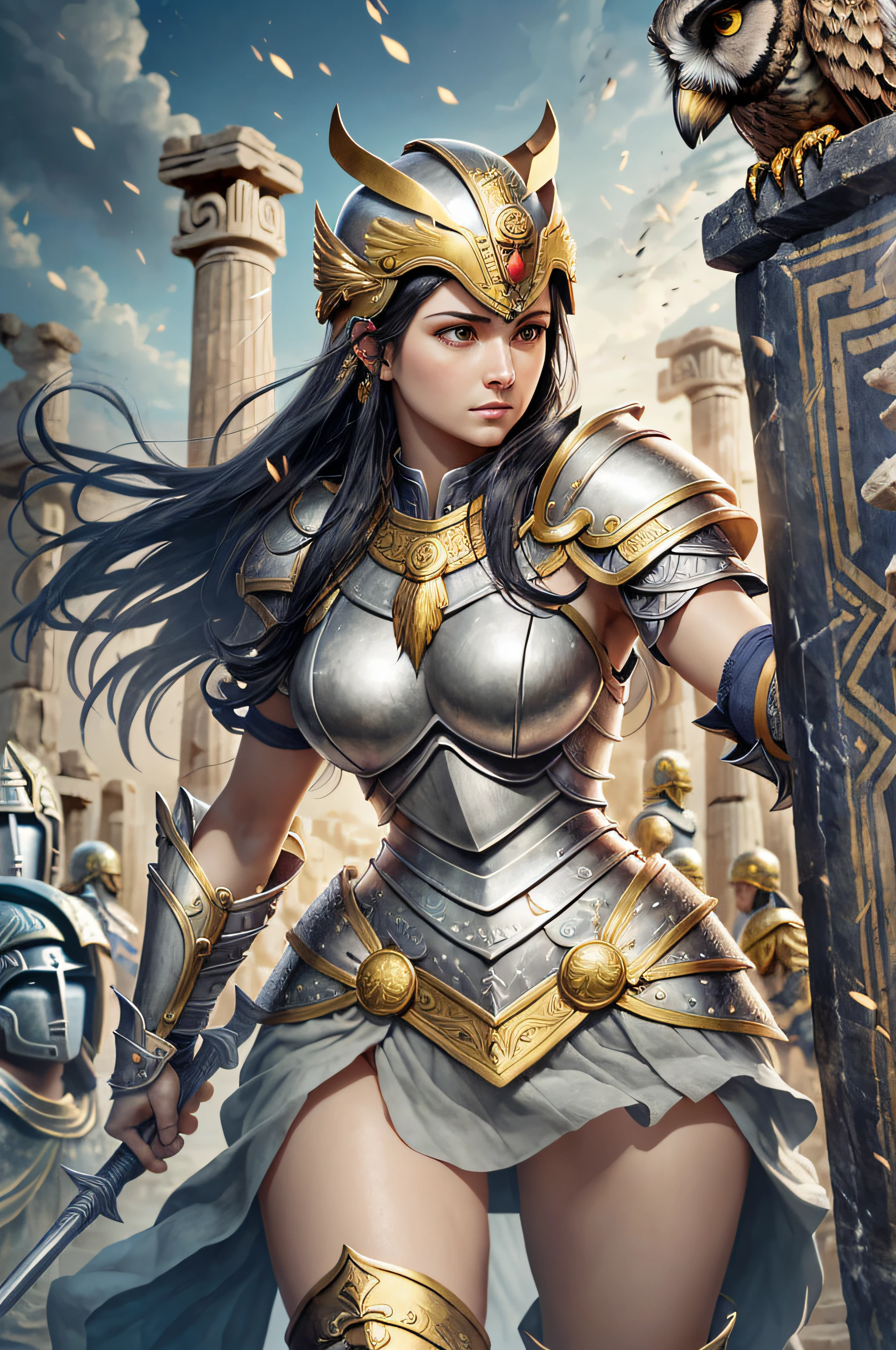 Goddess of war and wisdom, with ((black hair)) and ((gray eyes)), is fair-skinned, is tall and musclar, ((wears golden breastplate armor)), ((puts on an ancient greek helmet)), armed with a spear and a shield, looks brave and proud, battle stance, ready for combat, an owl perches on her shoulder, Greek mythology, mythic war, photorealistic, super high quality, super detail, description of ultra-accurate, precise hands, masterpiece, 8K, HDR