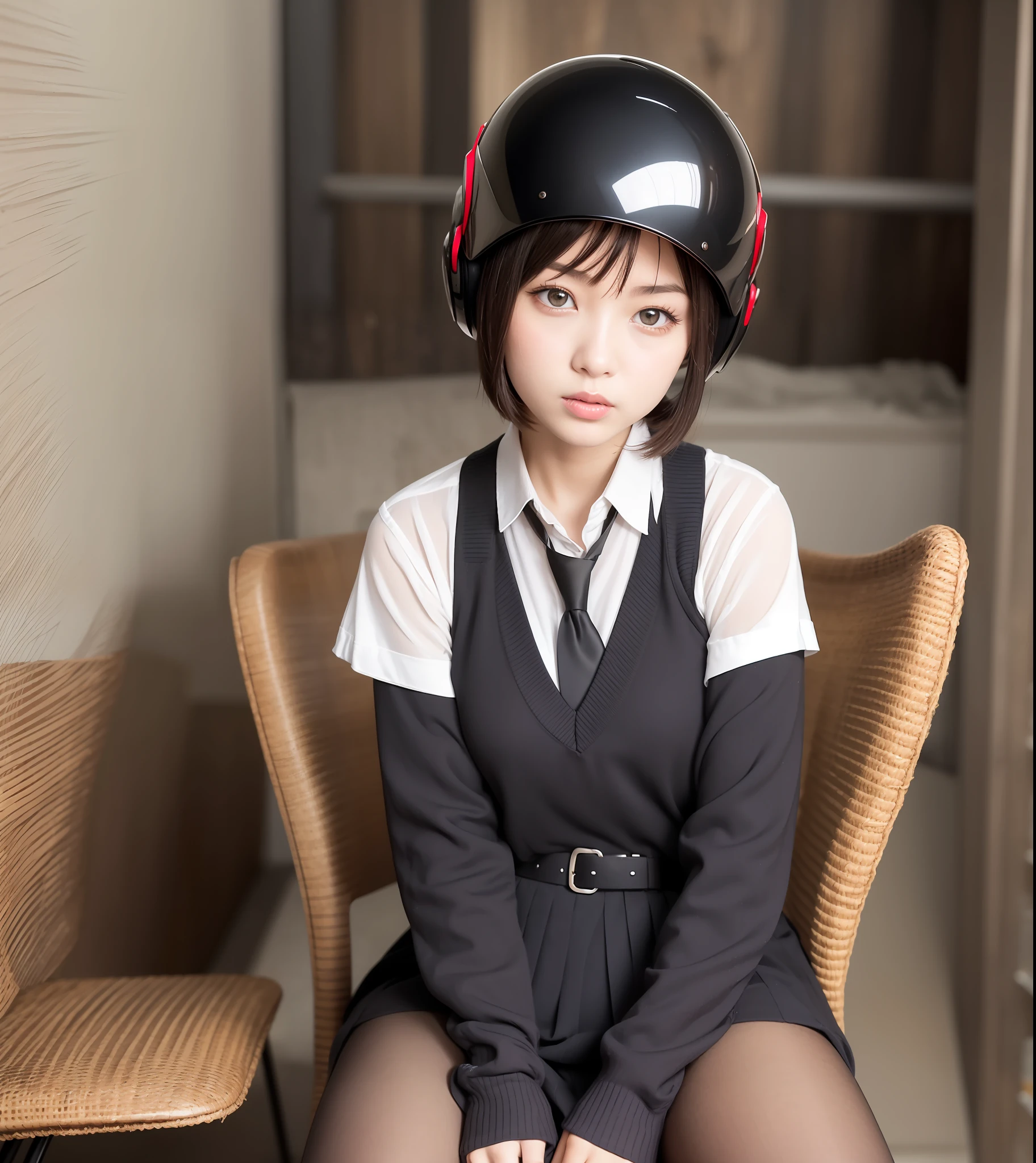 Japan pretty girl, (Real, Hi-Res: 1.4), 1 girl, (natural light), (more face, more hair, more skin), (middle chest), (open mouth: 1.1), big eyes, slender, leg, mid-waist, full body shot,(school uniform: 1.1),(black pantyhose),ponytail,sitting chair,(robot helmet:1.1),basement,spread legs