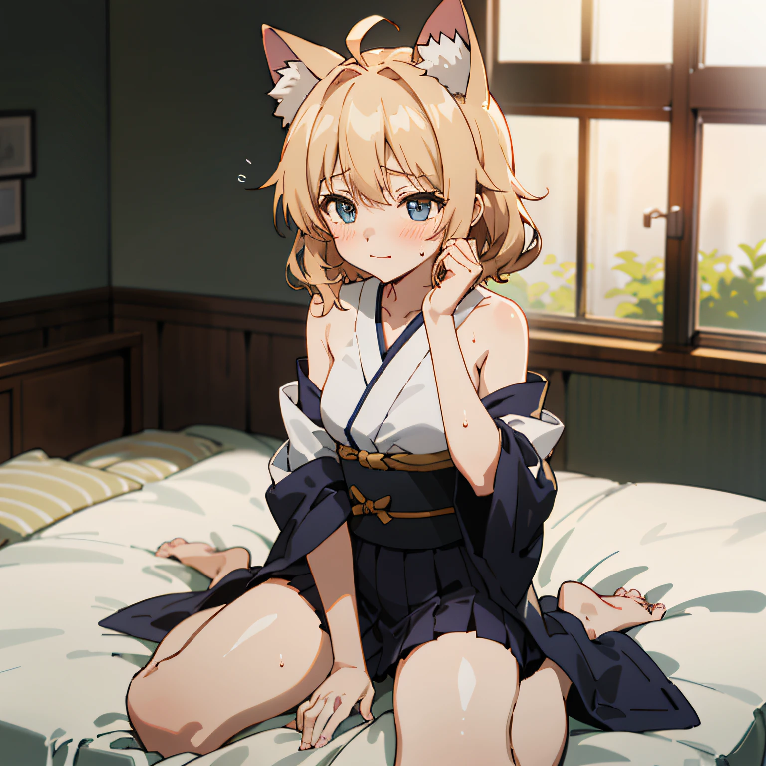 (Super detailed, high resolution, Kyoto animation style anime illustrations, highest quality official art featured: 1.6), beautiful face, eyes, highly detailed body, very detailed hair, lovely hands, perfect hands, beautiful hands, (1 girl: 1.4), (Chibi: 0.8), (cute: 1.2), (cute: 1.2), (1 li: 1.1), cat ears, (seduction: 1.2), elegance, (blush: 0.7), floating hair, ahoge, dramatic angle, (Teirl undressed in yukata: 1.2), July 7, (Dark Japanese-style room, dark walls: 1.3), Futon, Japanese-style bed, July 7, Early summer night, Hot night, Unfasten belt, take off obi, Wariza, sit on futon, AM 2:00, (embarrassing: 1.3), at night, wet skin, taking off breasts, naked hide with hands,