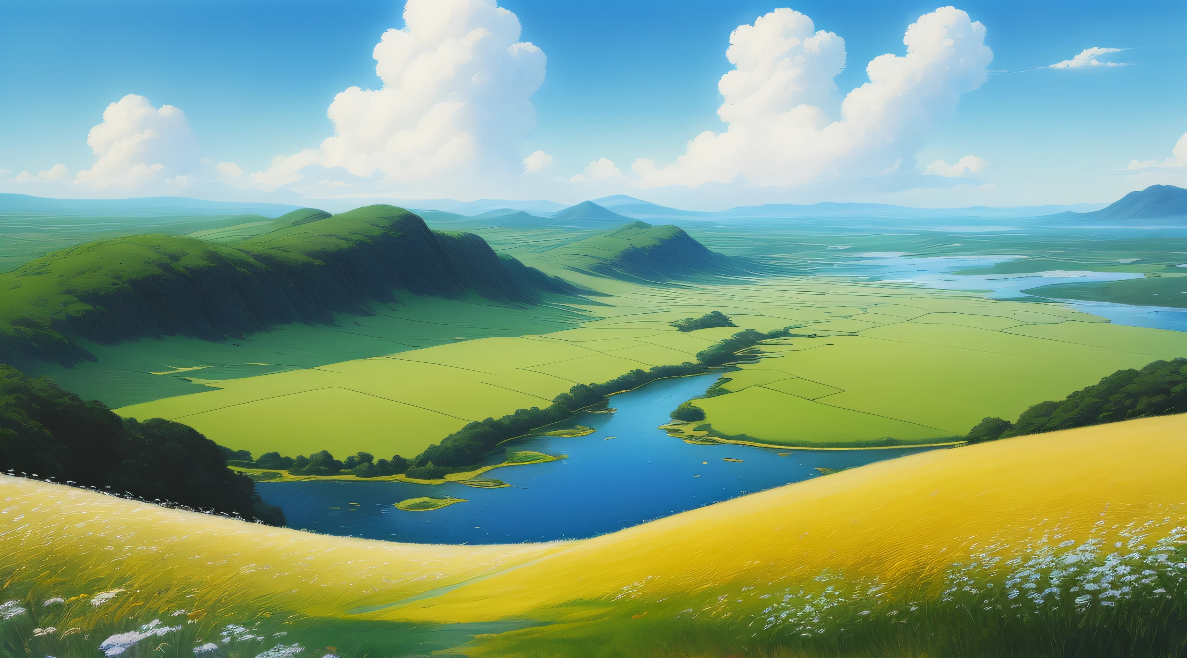 Realistic, authentic, beautiful and amazing landscape oil painting Studio Ghibli Hayao Miyazaki&#39;s petal grassland with blue sky and white clouds --v6
