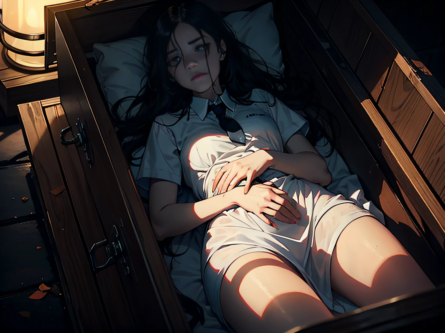 A young woman lying in a large coffin, fear and unease on her face, dim and damp inside the coffin with a faint light shining through the cracks, next to the coffin is a newborn baby lying helplessly