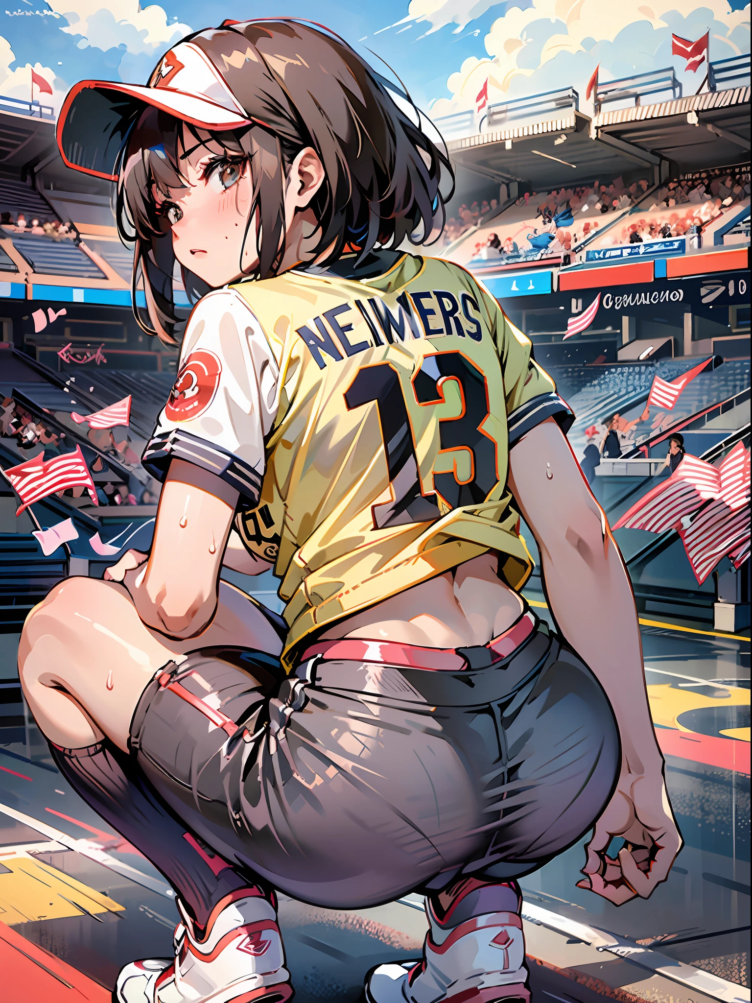 masterpiece, super high quality, super detail, perfect drawing, solo, girl, softball club, baseball shirt, ((hot pants)), (elbow support), baseball shoes, sun visor, back figure, muscular butt, squatting in the next batter's circle, ((with both hands on a raised bat)), butt thrust pose, bulging bust top, blush, sweat, Tanned skin: (1.5), serious gaze, 18 years old, stadium, summer sky, cumulonimbus, shot from diagonally behind, bust up, see-through, panty line,