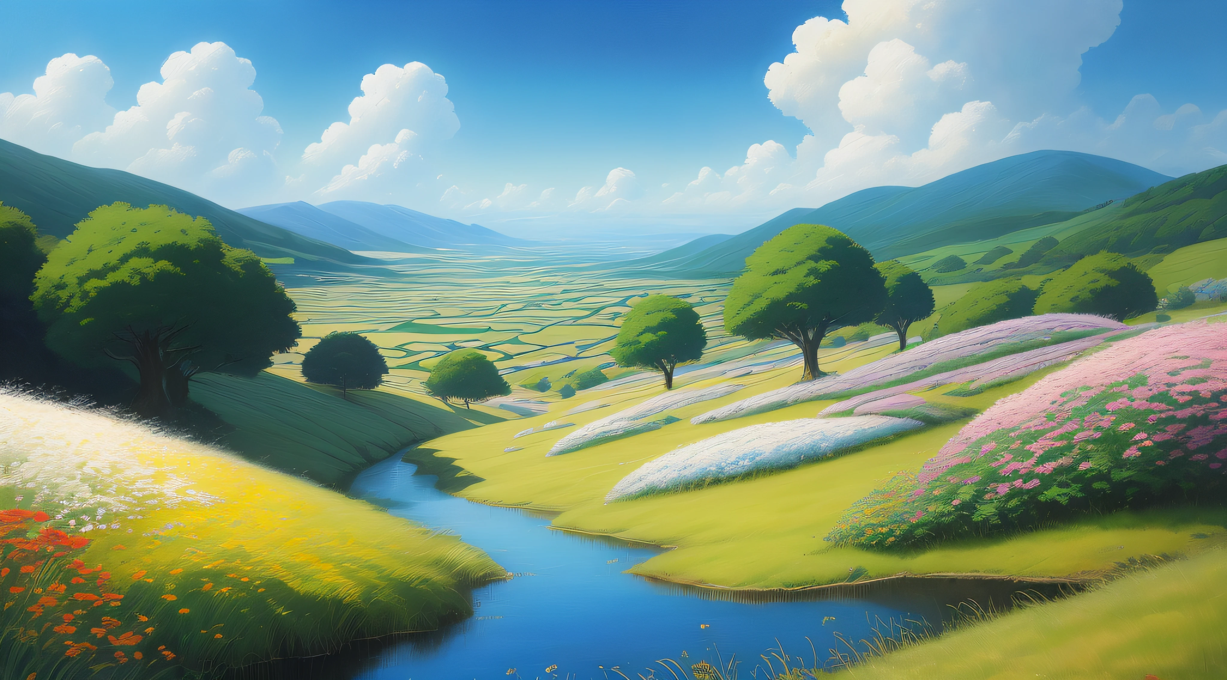 Realistic, authentic, beautiful and amazing landscape oil painting Studio Ghibli Hayao Miyazaki's petal grassland with blue sky and white clouds --v6